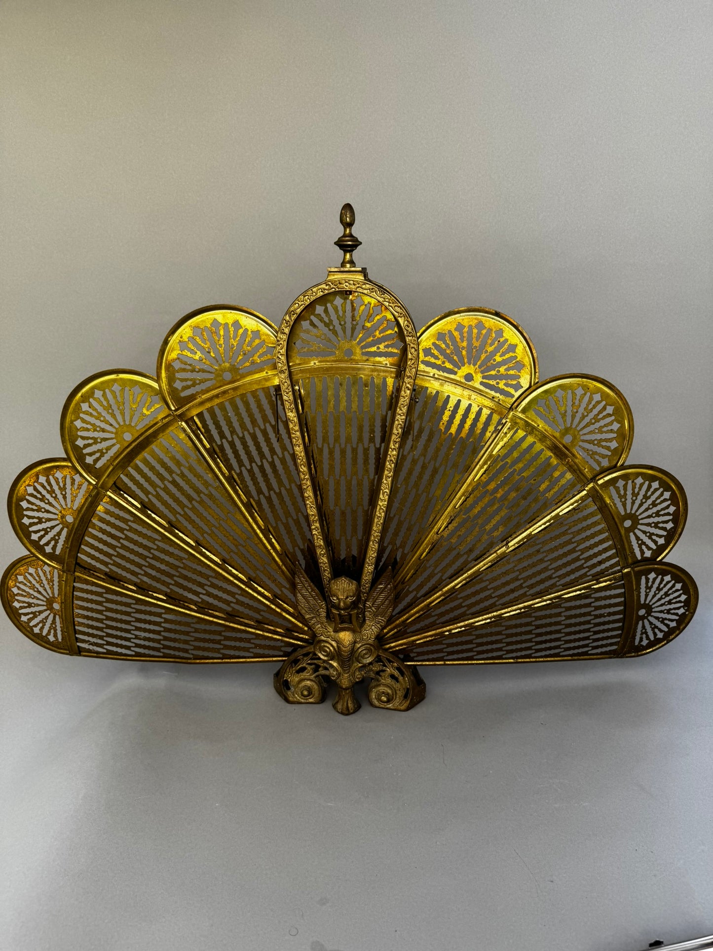 Antique Brass Griffin & Peacock Folding Fire Guard – Edwardian Fireplace c.1900s