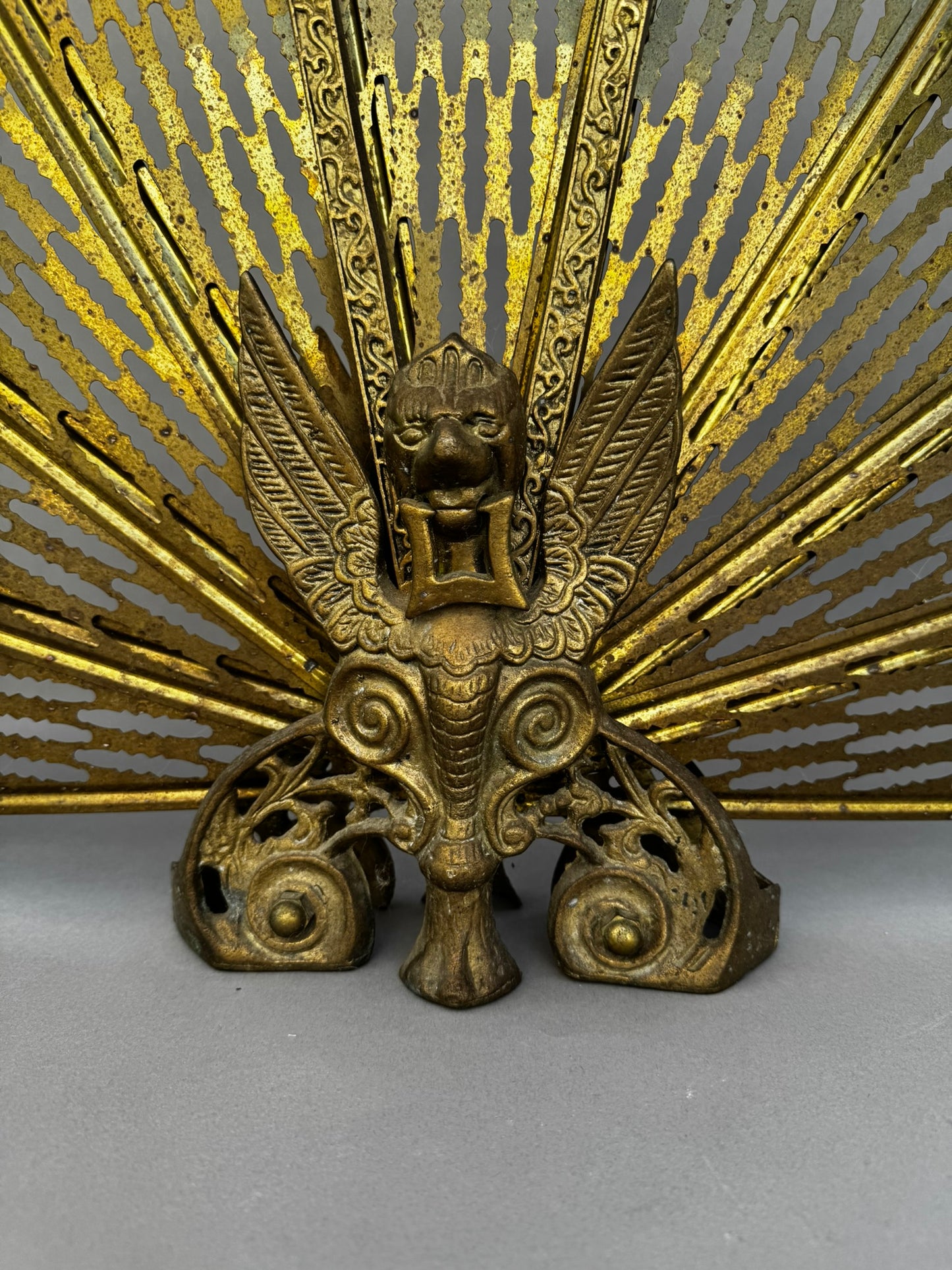 Antique Brass Griffin & Peacock Folding Fire Guard – Edwardian Fireplace c.1900s