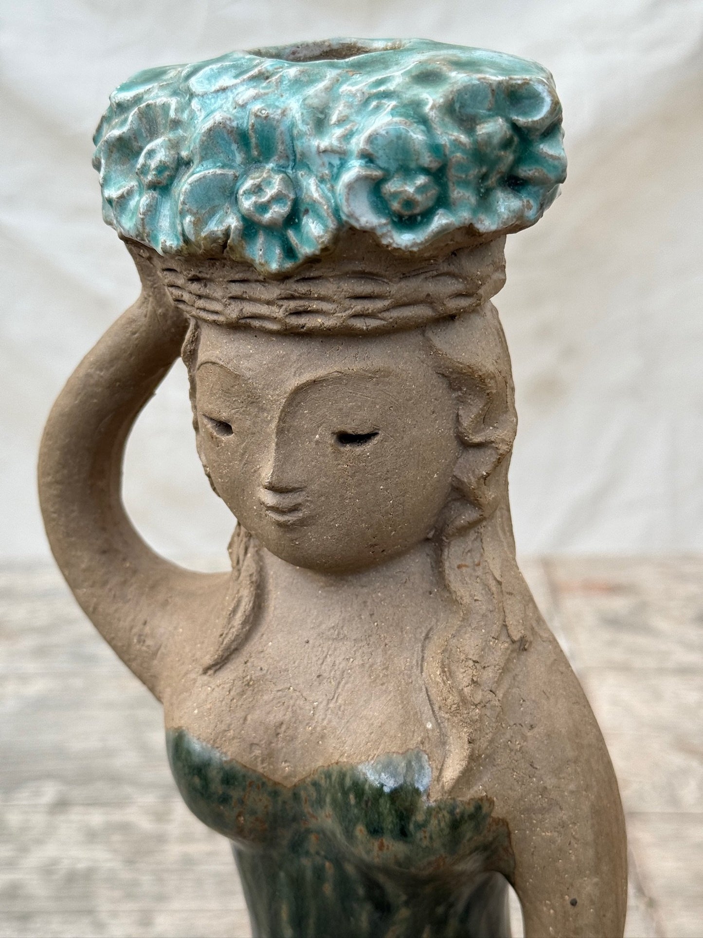 Vintage Stoneware Hungarian Mermaid Figurine Candle Holder