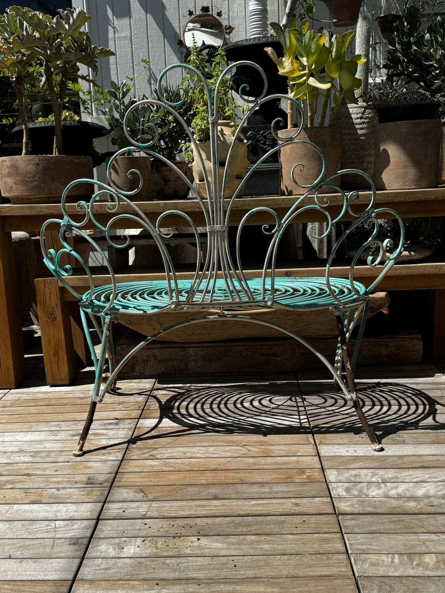 Whimsical Vintage Wrought Iron Peacock Garden Bench – Ornate Scrollwork