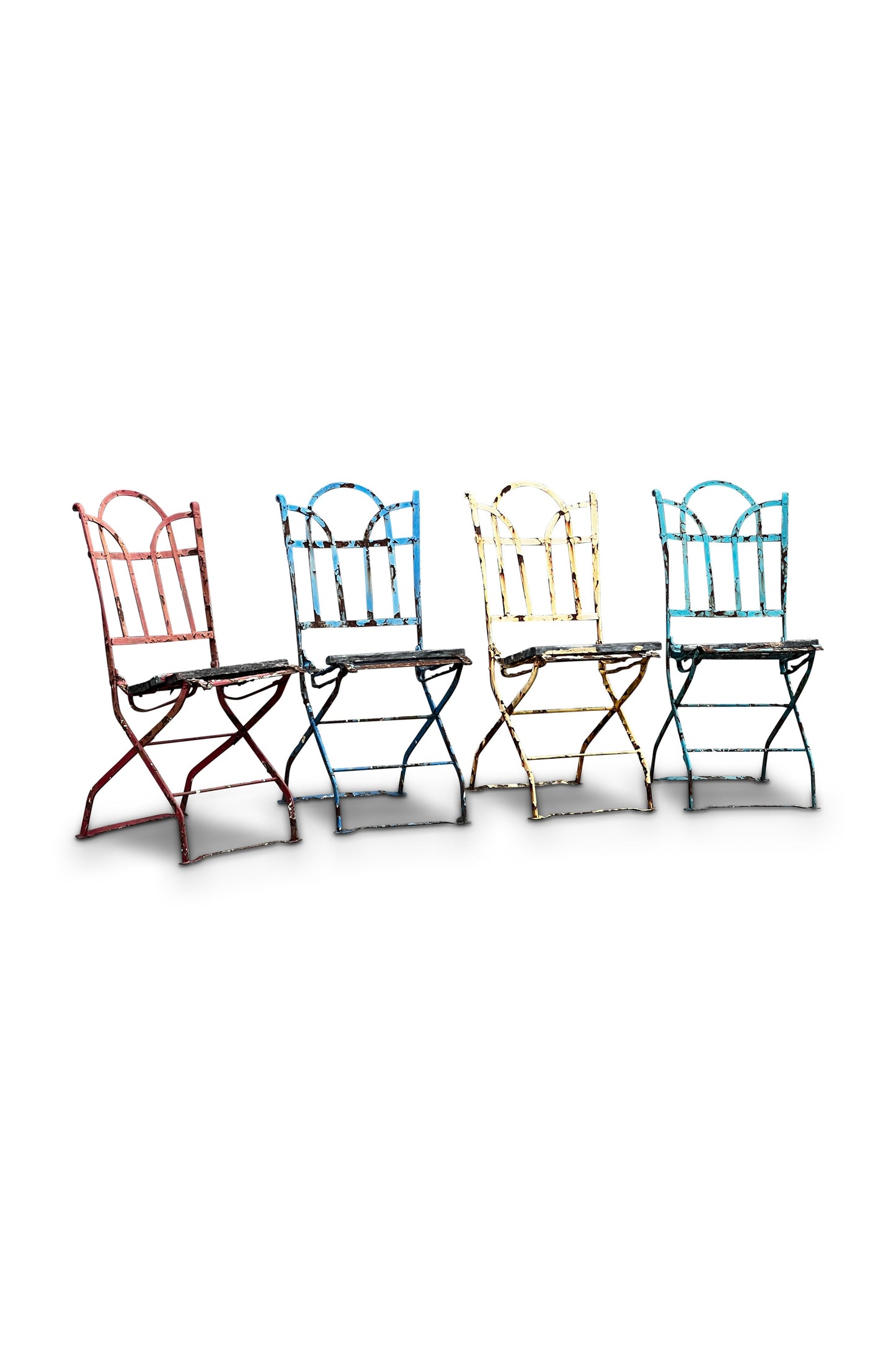 French Antique Metal Iron Wood Folding Bistro Garden Chair Set of 4