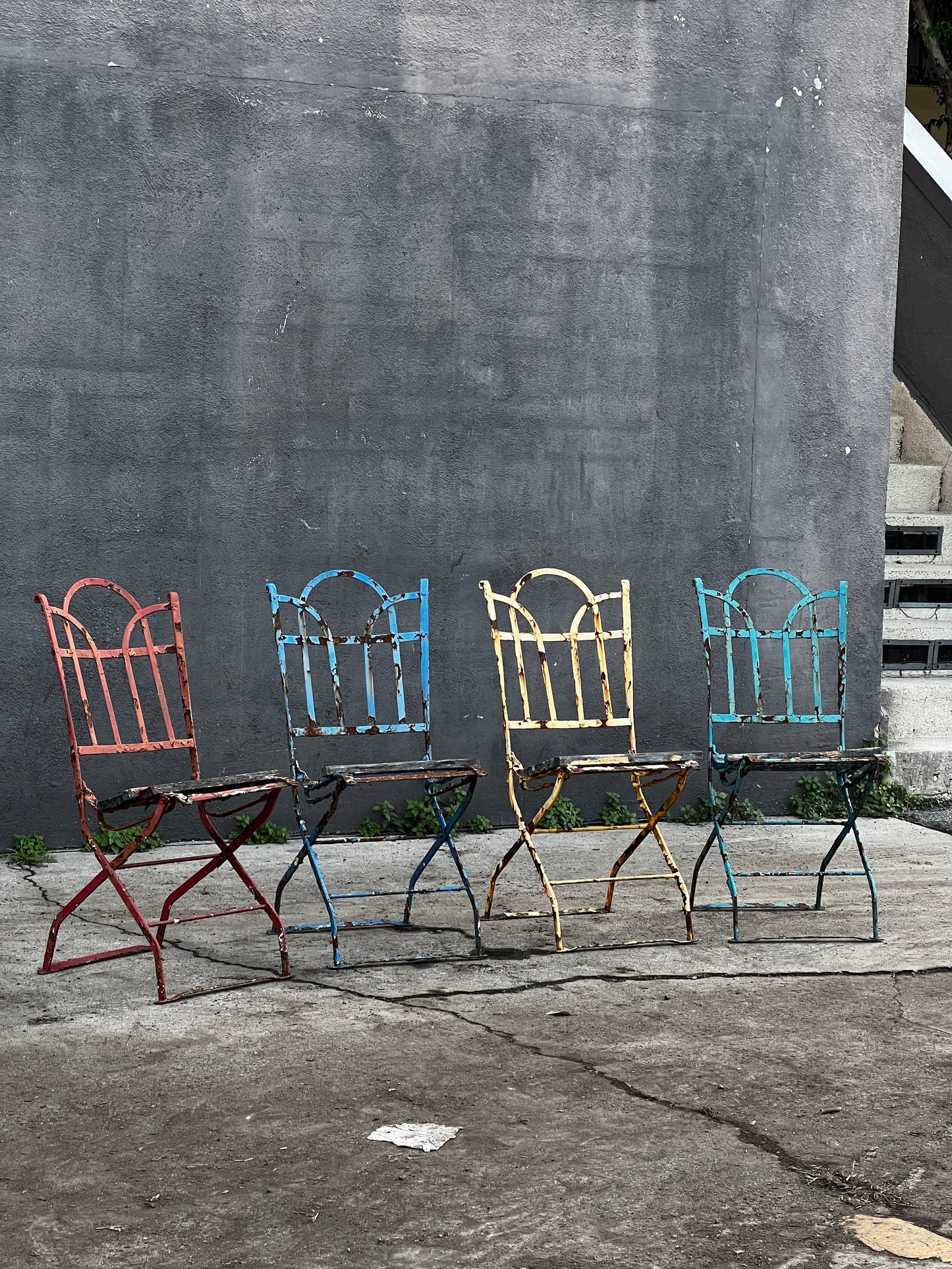 French Antique Metal Iron Wood Folding Bistro Garden Chair Set of 4