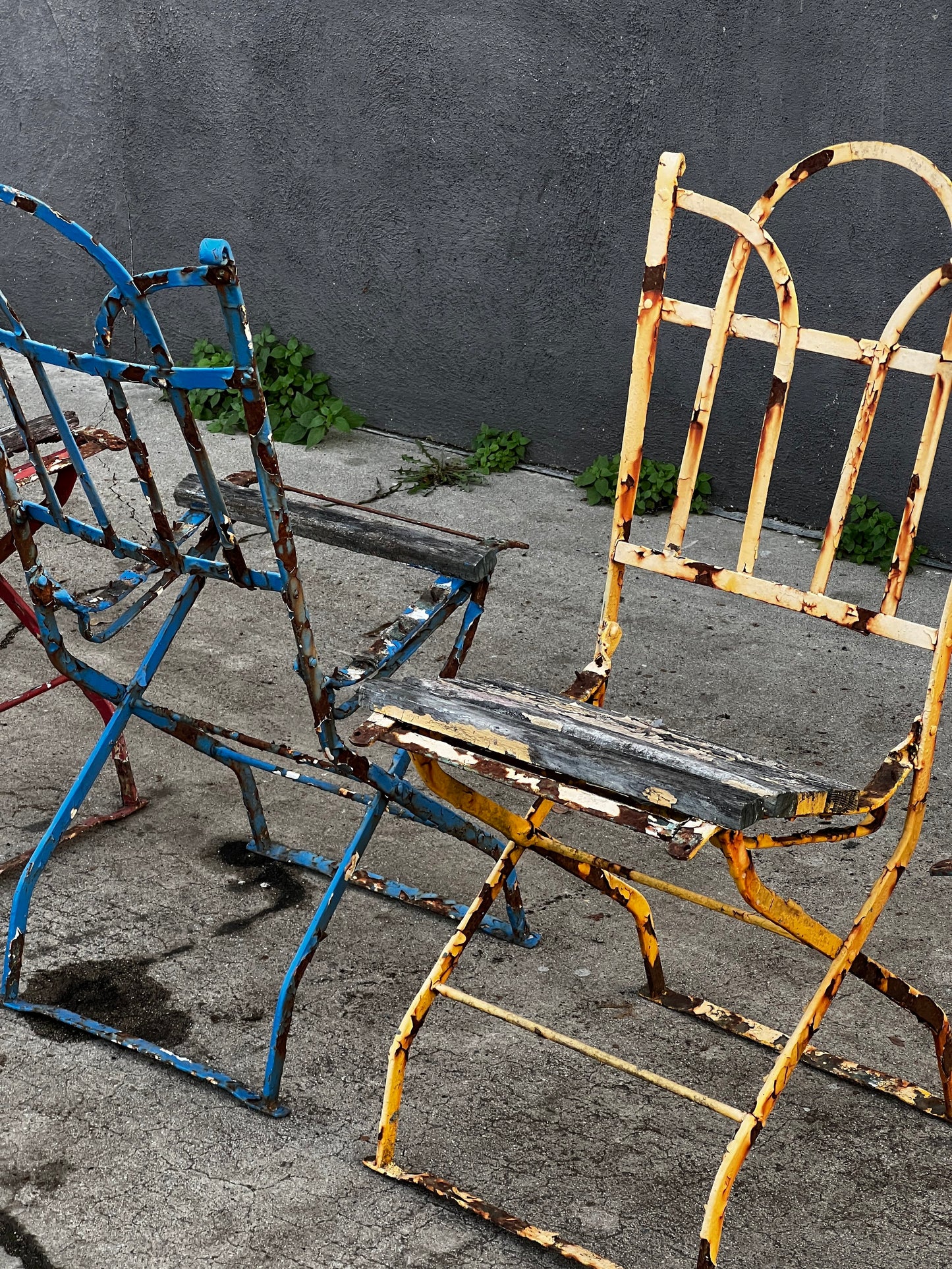 French Antique Metal Iron Wood Folding Bistro Garden Chair Set of 4