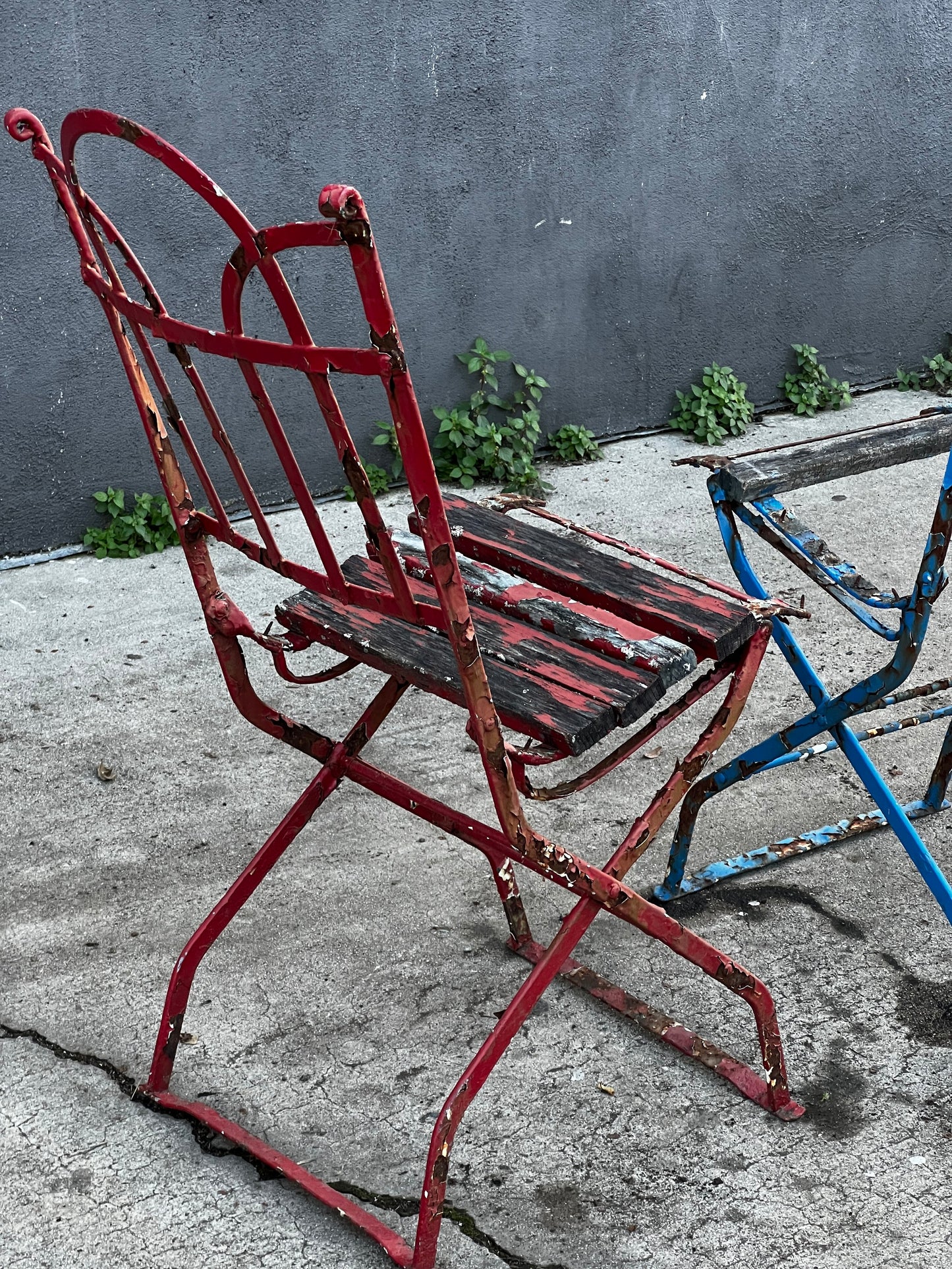 French Antique Metal Iron Wood Folding Bistro Garden Chair Set of 4