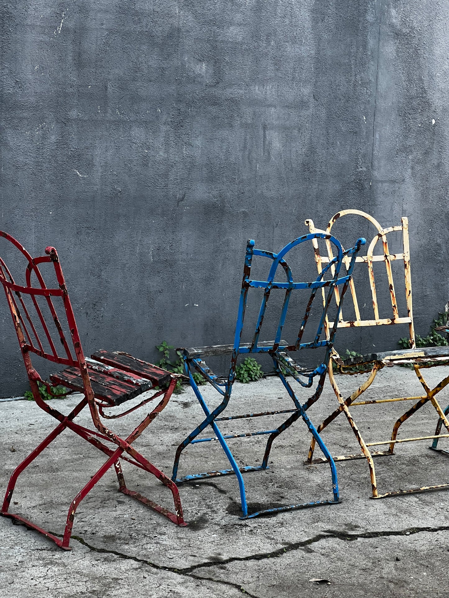 French Antique Metal Iron Wood Folding Bistro Garden Chair Set of 4
