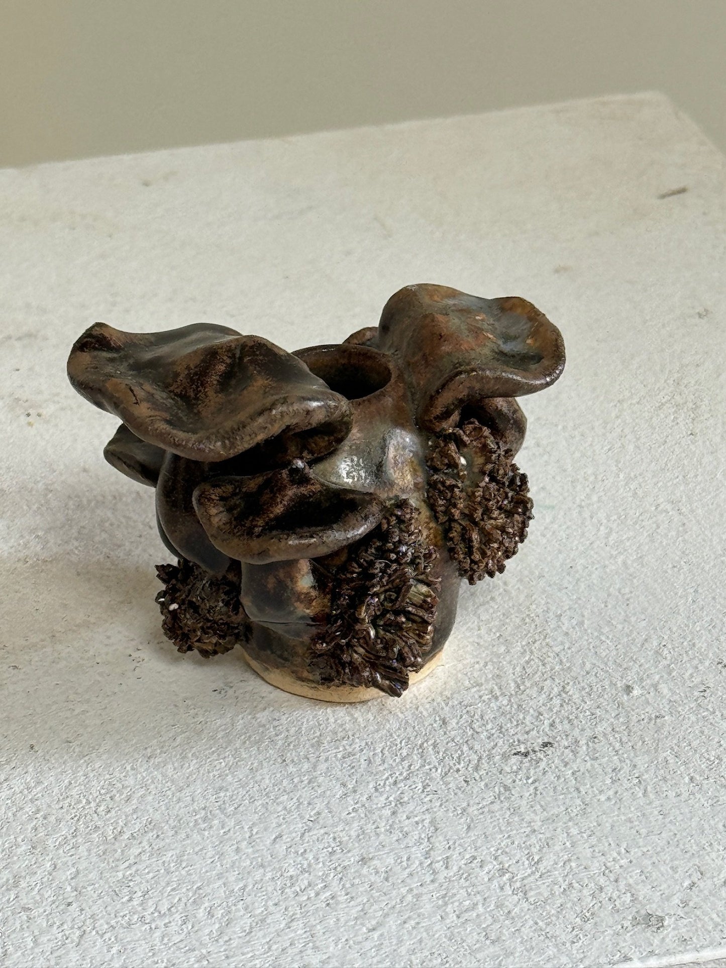 Set of 3: Vintage ceramic mushroom centerpiece + Ceramic brown fungi candle holder +Small porcelain coral bowl