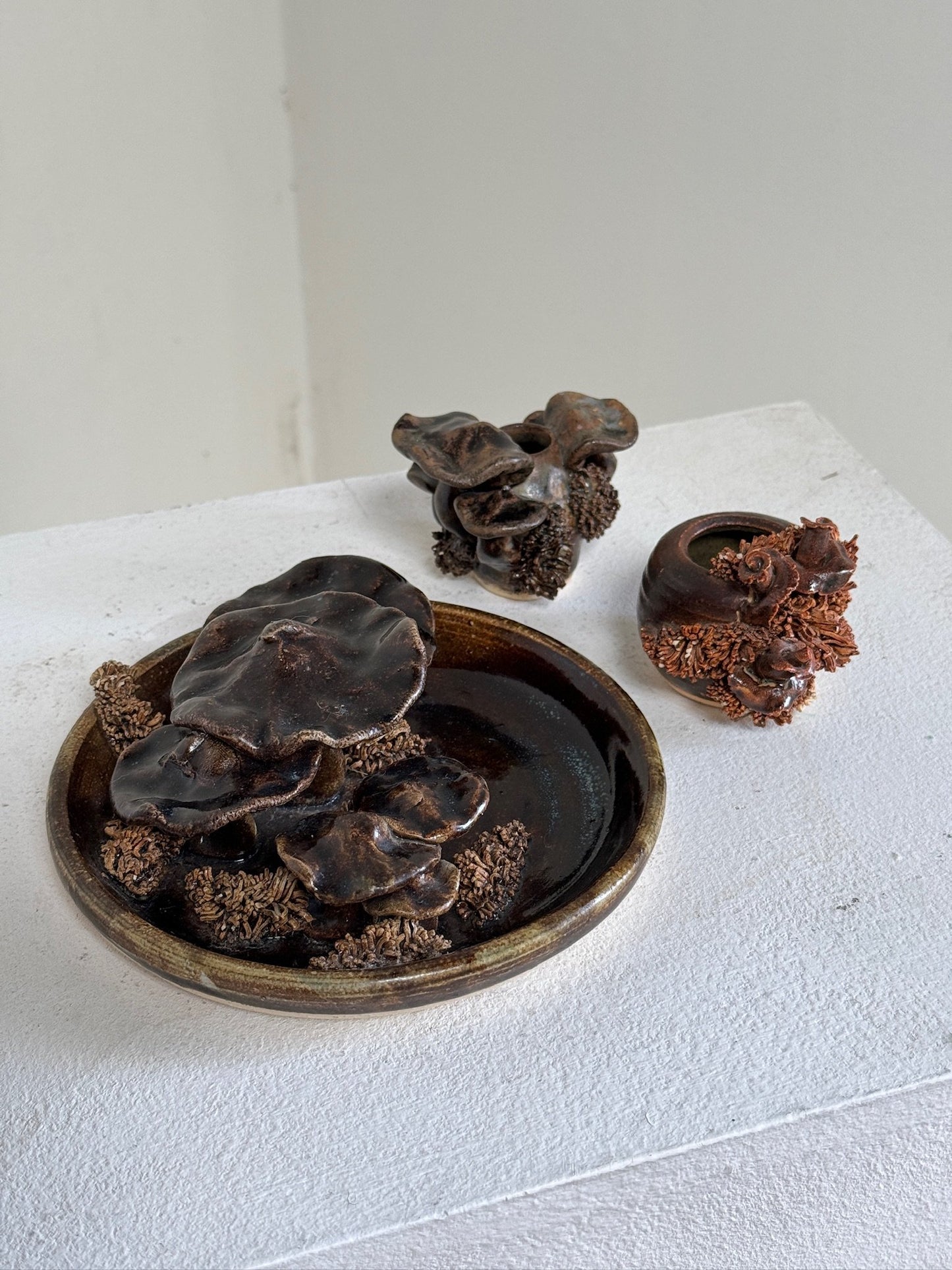 Set of 3: Vintage ceramic mushroom centerpiece + Ceramic brown fungi candle holder +Small porcelain coral bowl
