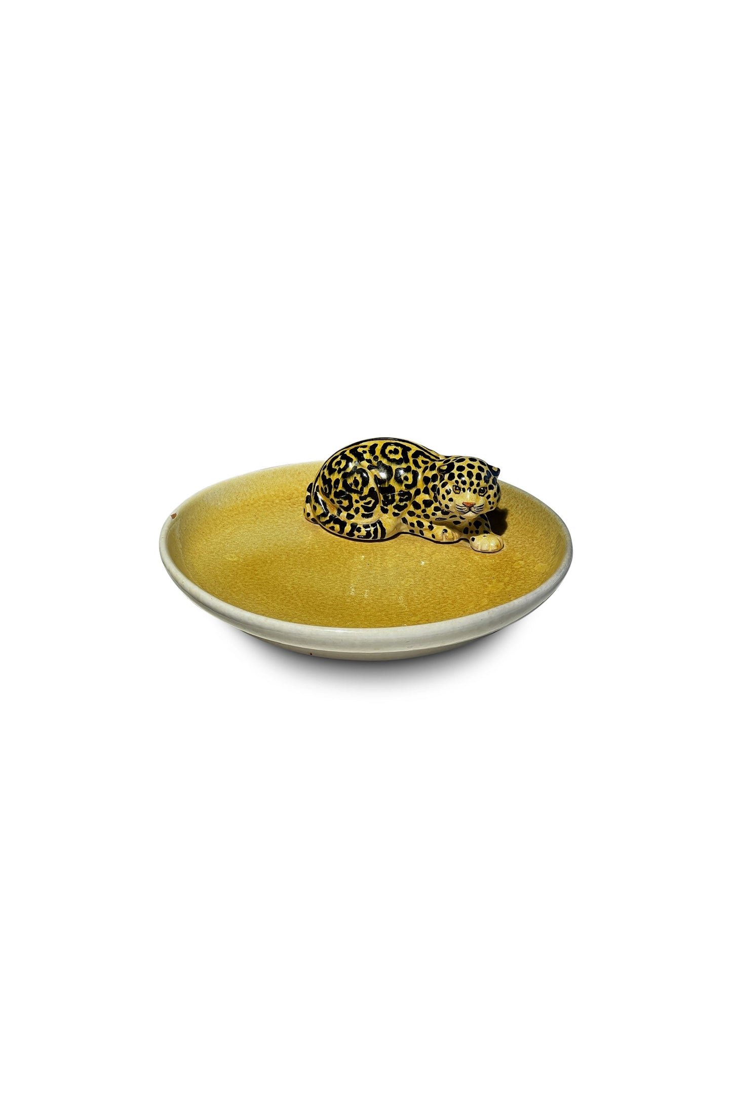 Vintage Italian Ceramic Yellow Platter with Jaguar Figurine