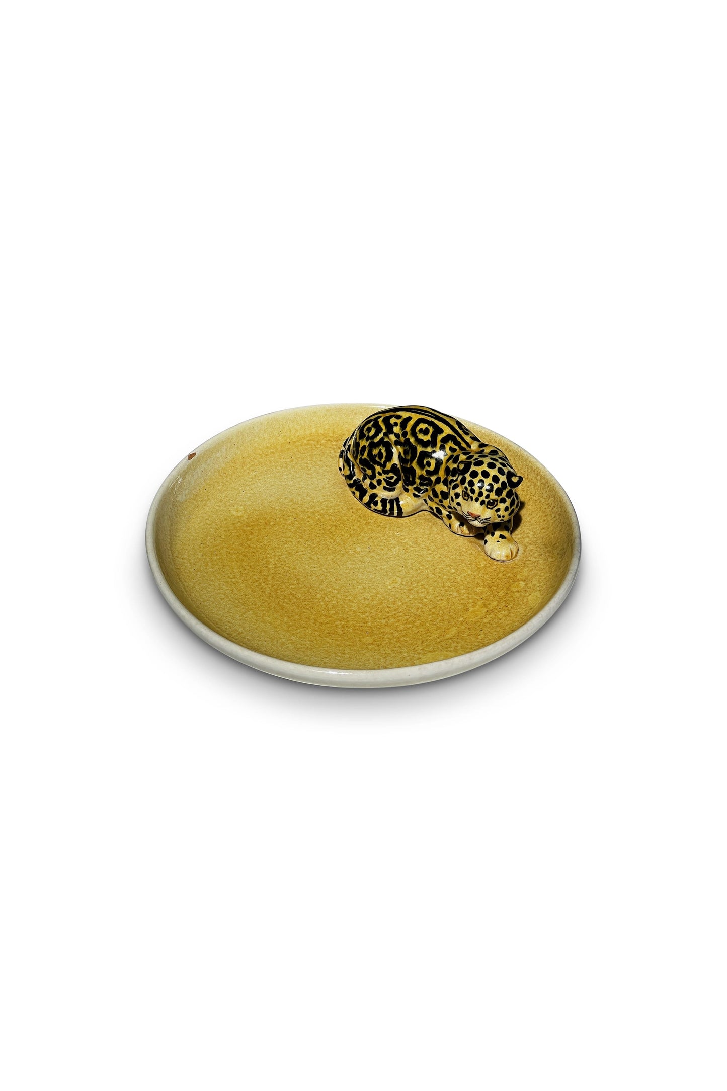 Vintage Italian Ceramic Yellow Platter with Jaguar Figurine