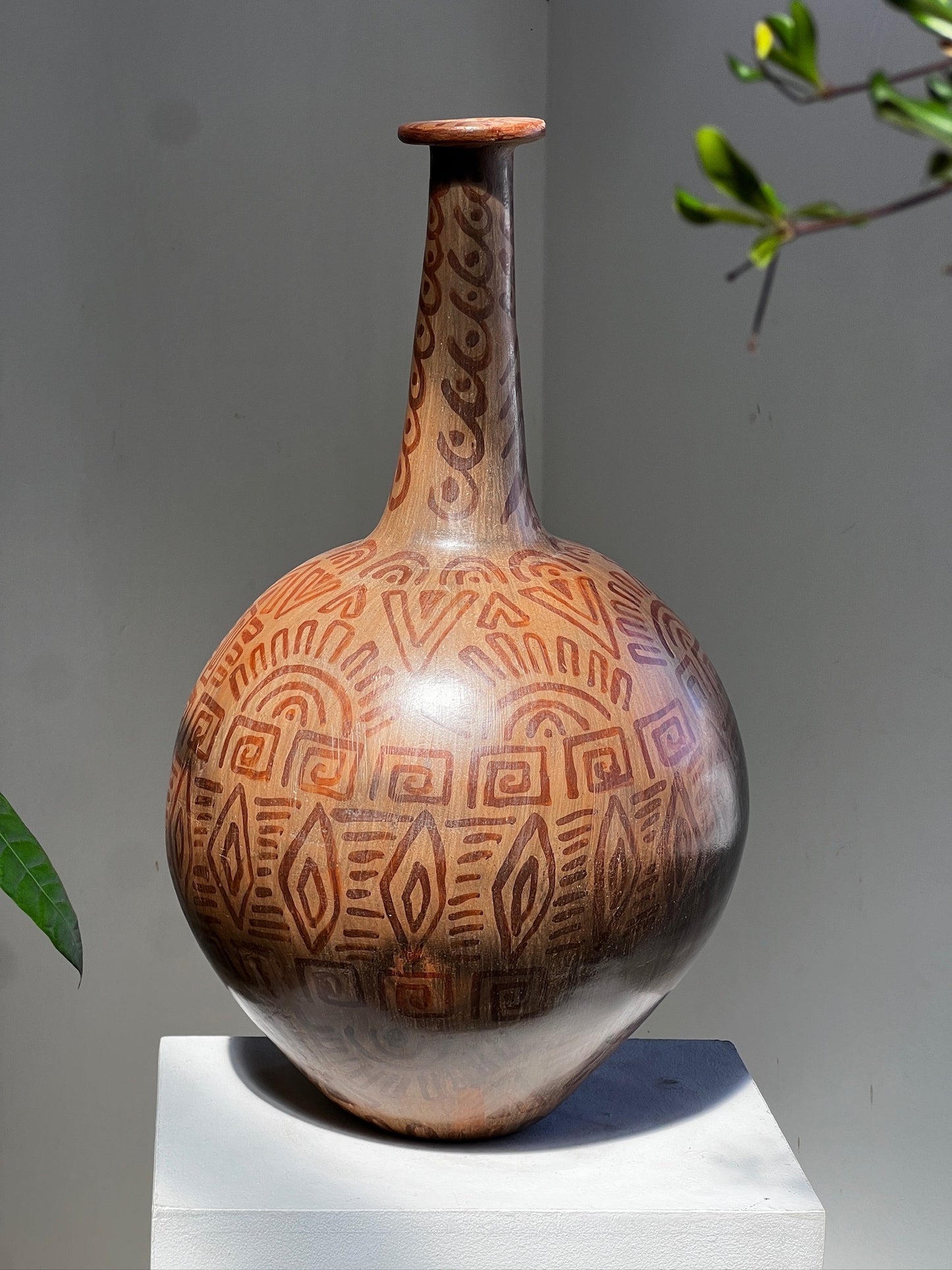 Vintage Hand-Painted Tribal Pottery Vase – Geometric Motifs & Aged Patina