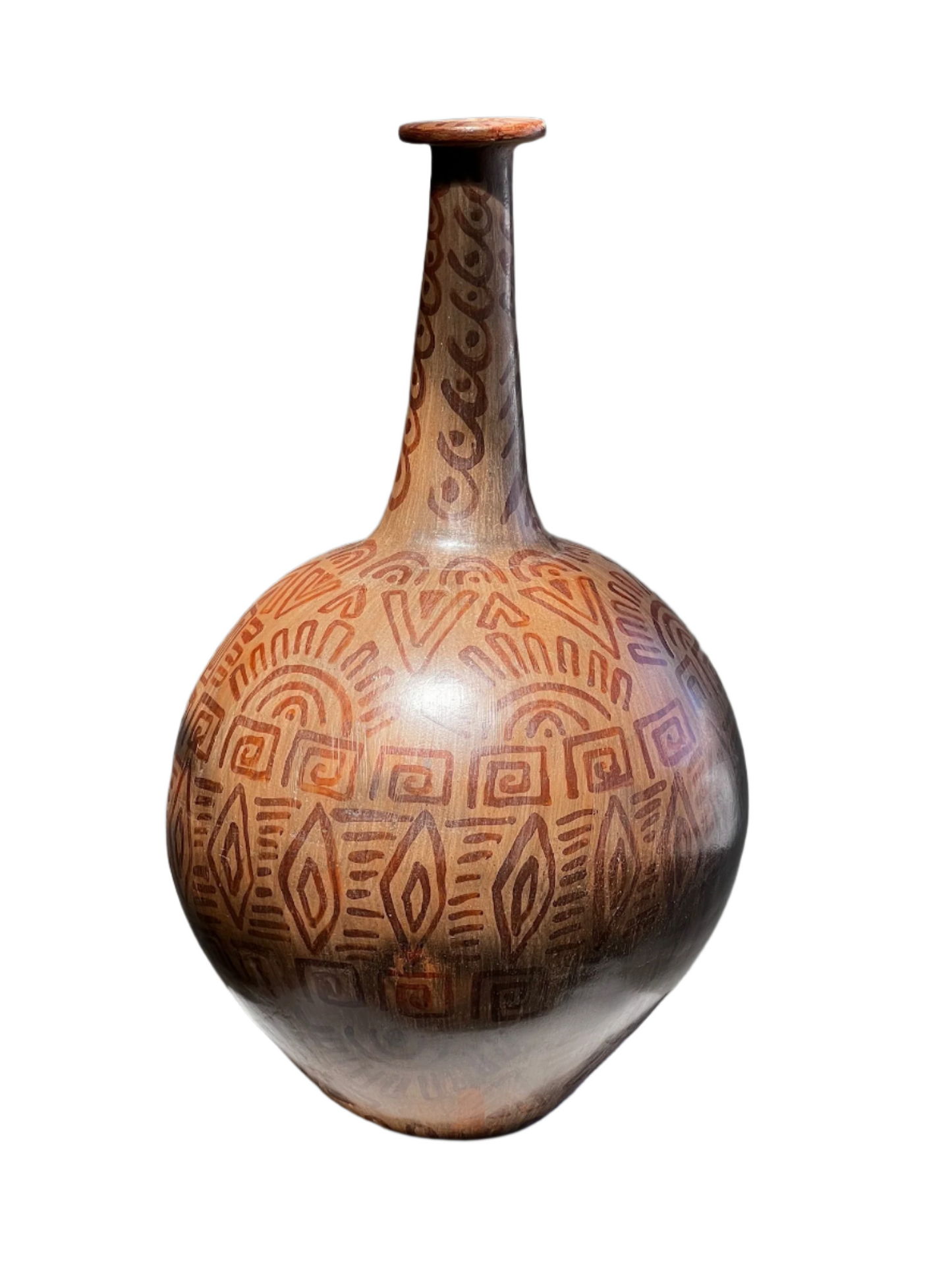Vintage Hand-Painted Tribal Pottery Vase – Geometric Motifs & Aged Patina