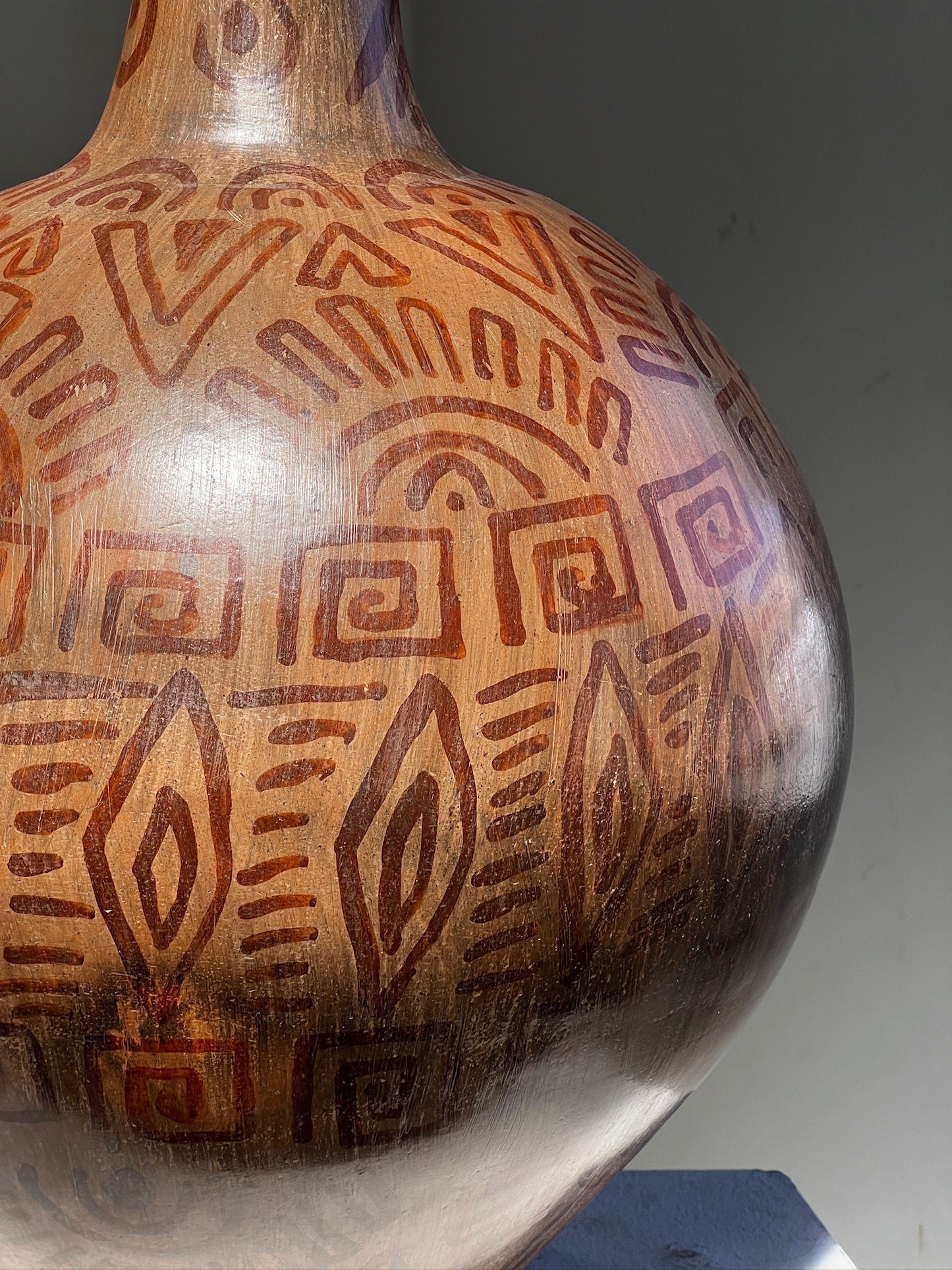 Vintage Hand-Painted Tribal Pottery Vase – Geometric Motifs & Aged Patina
