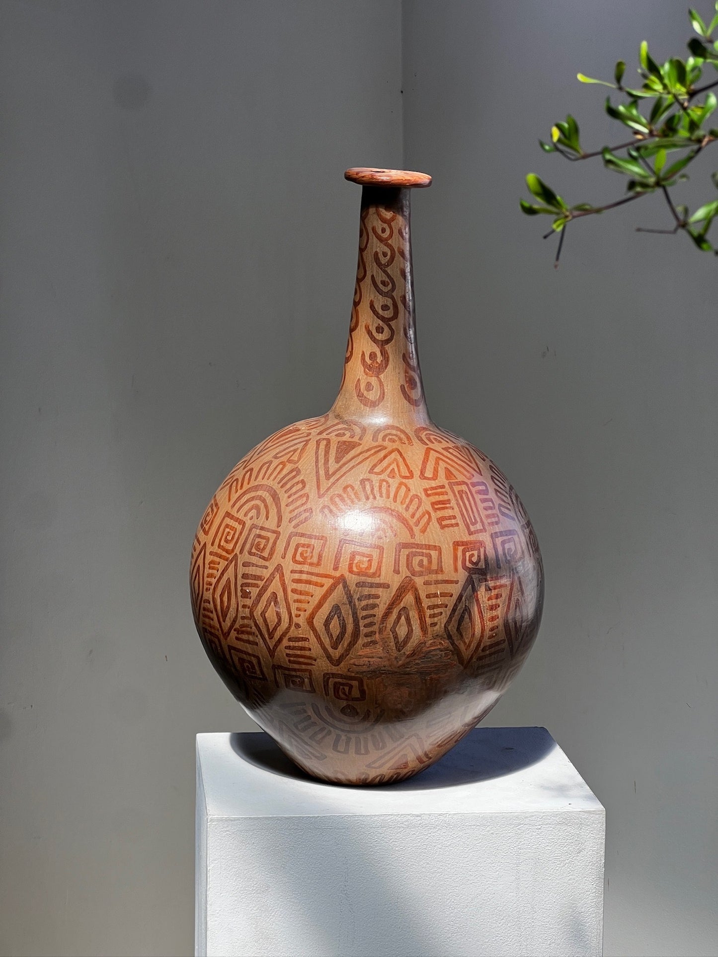 Vintage Hand-Painted Tribal Pottery Vase – Geometric Motifs & Aged Patina