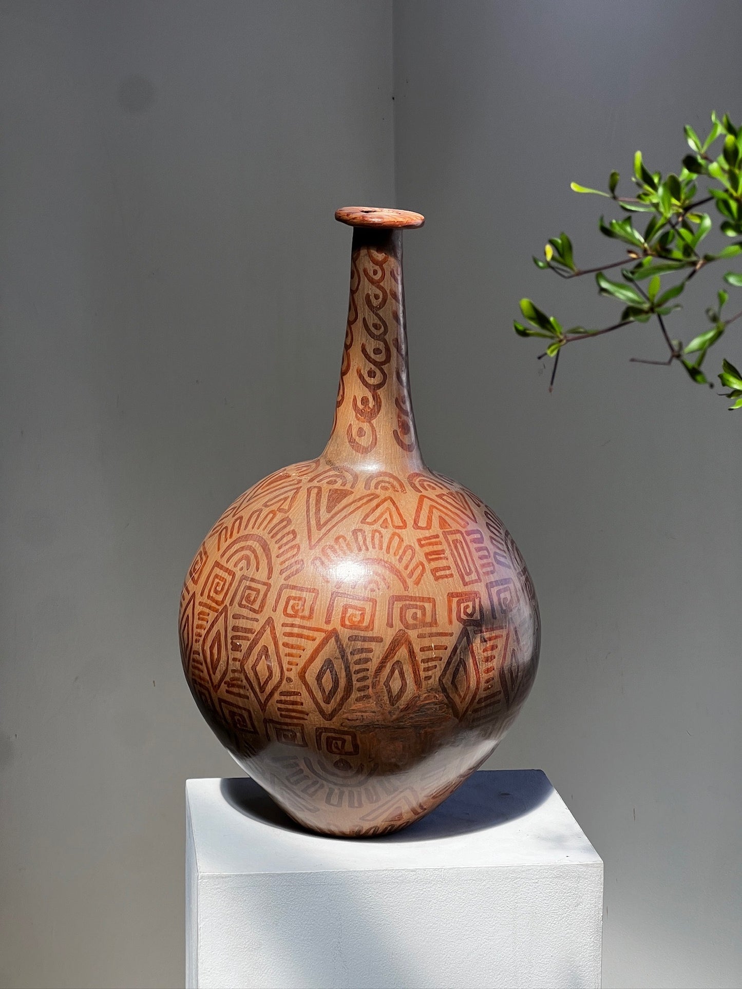 Vintage Hand-Painted Tribal Pottery Vase – Geometric Motifs & Aged Patina