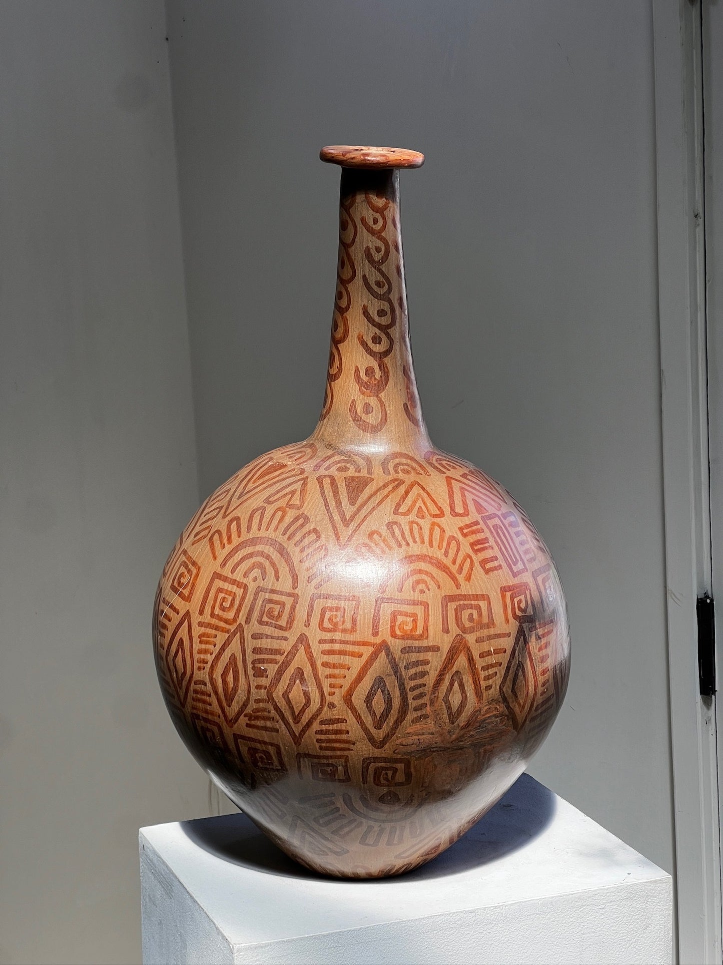 Vintage Hand-Painted Tribal Pottery Vase – Geometric Motifs & Aged Patina