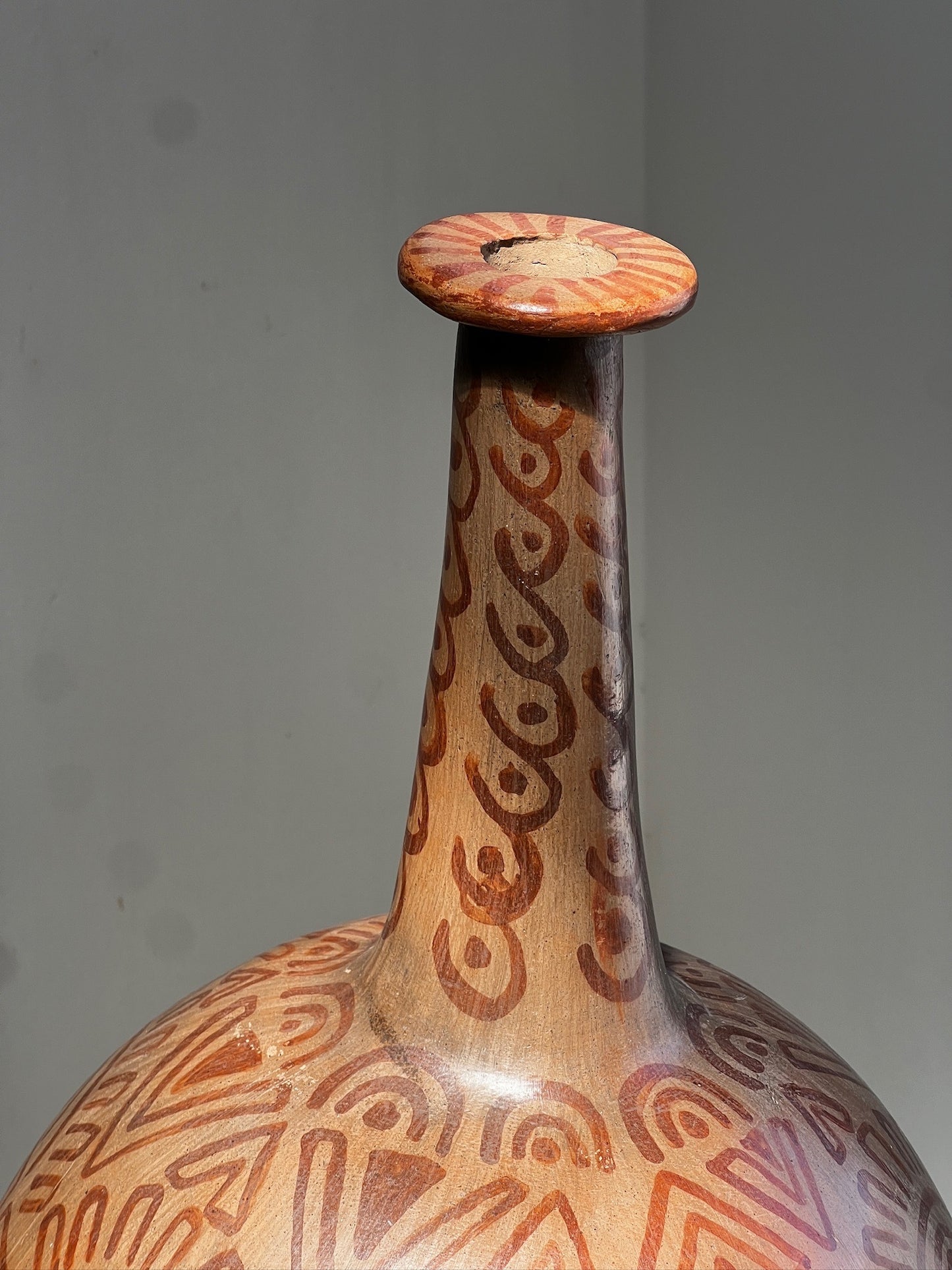 Vintage Hand-Painted Tribal Pottery Vase – Geometric Motifs & Aged Patina