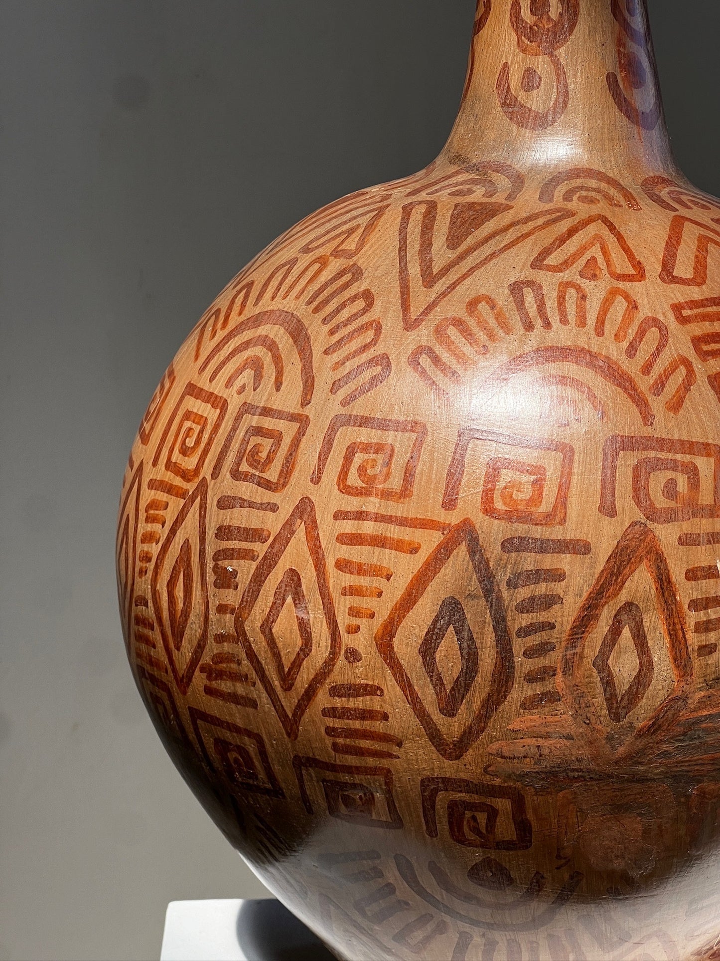 Vintage Hand-Painted Tribal Pottery Vase – Geometric Motifs & Aged Patina