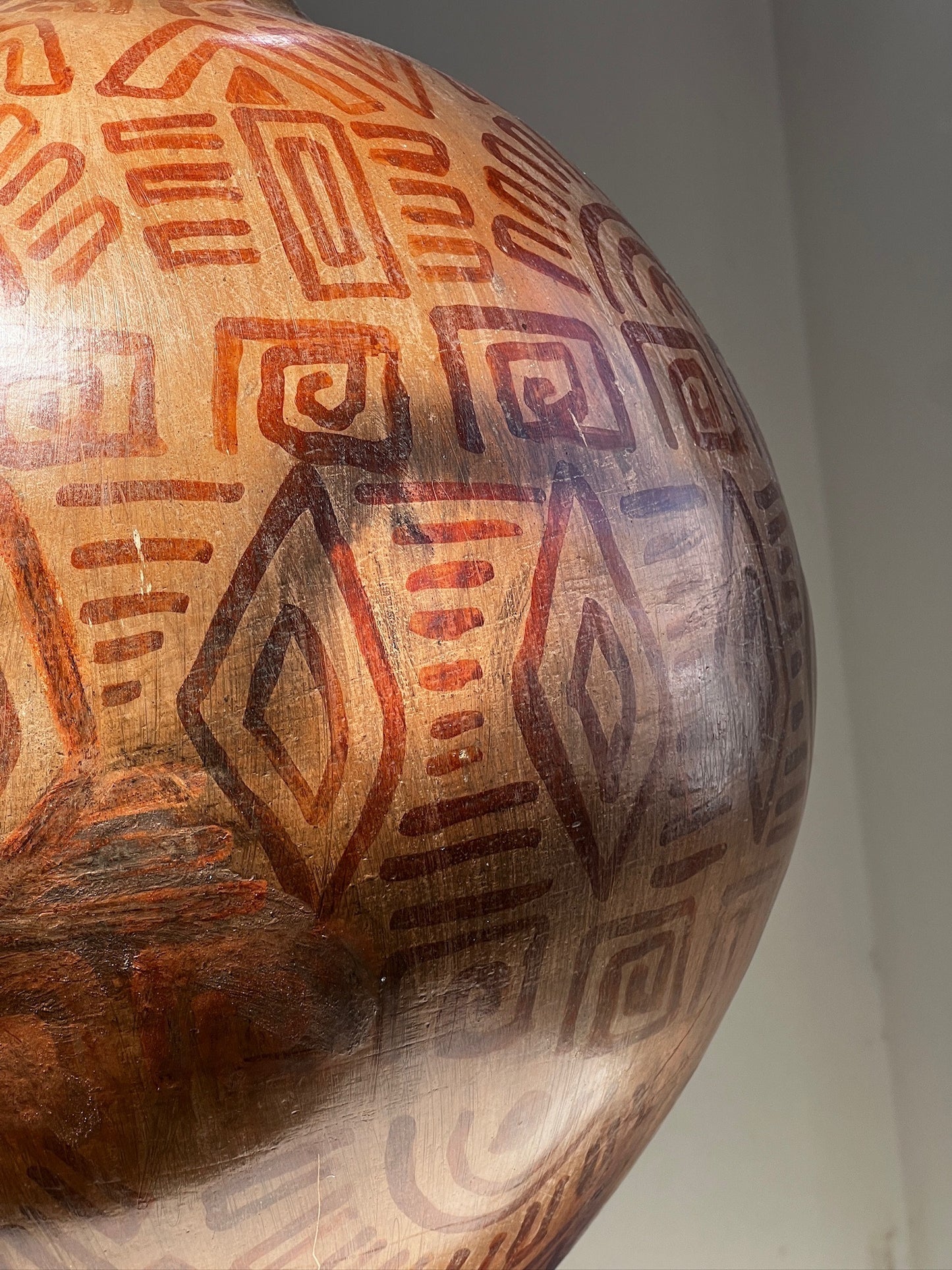 Vintage Hand-Painted Tribal Pottery Vase – Geometric Motifs & Aged Patina