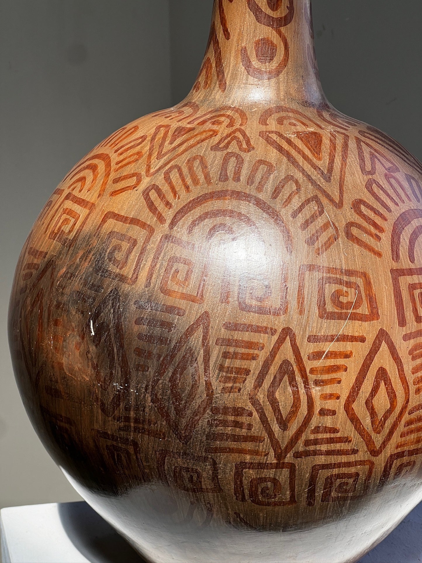 Vintage Hand-Painted Tribal Pottery Vase – Geometric Motifs & Aged Patina
