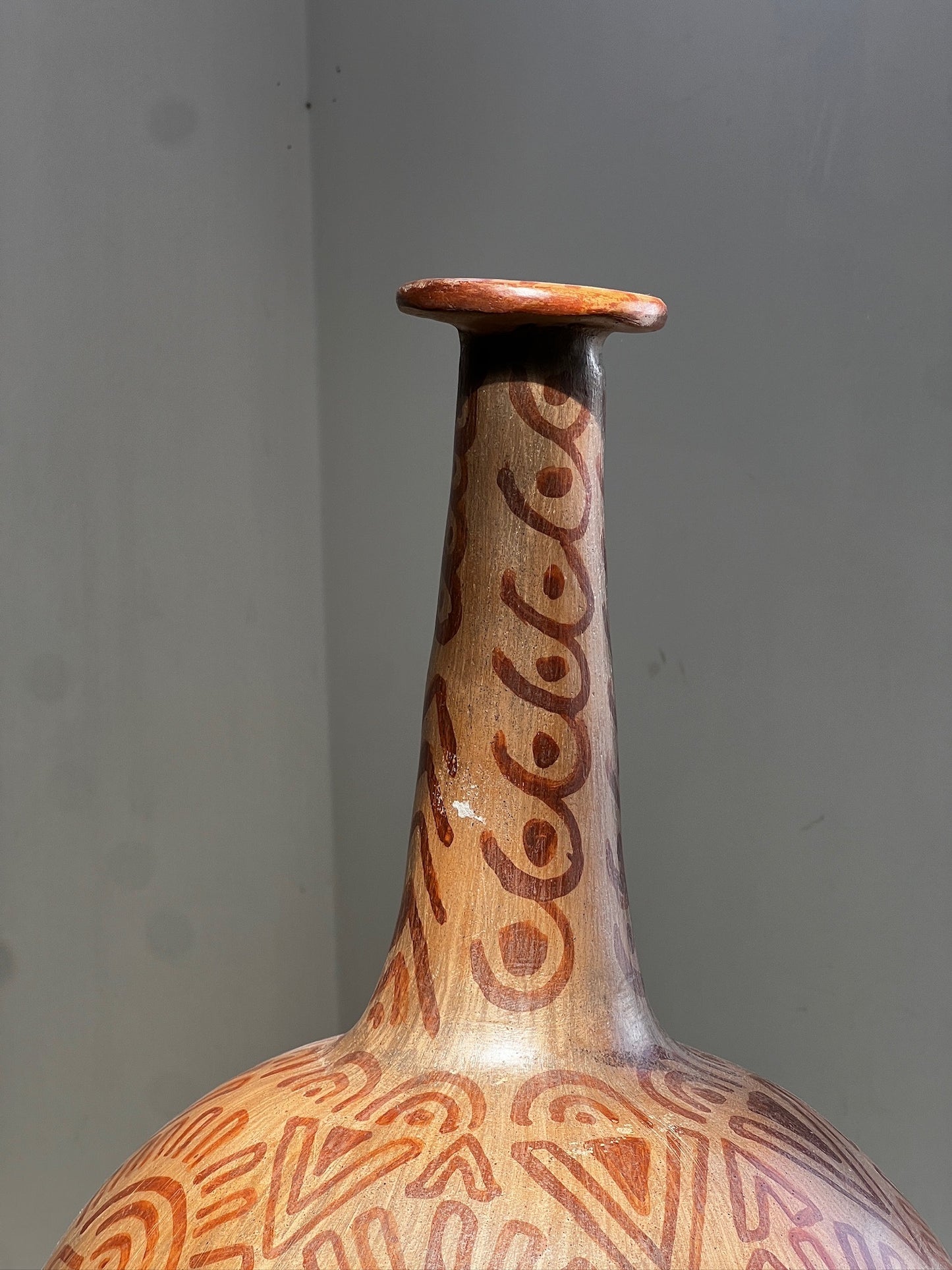 Vintage Hand-Painted Tribal Pottery Vase – Geometric Motifs & Aged Patina