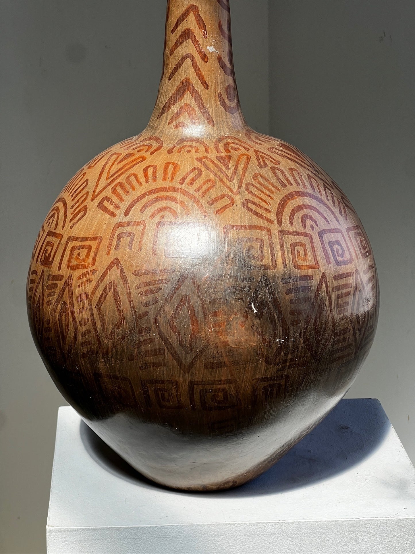 Vintage Hand-Painted Tribal Pottery Vase – Geometric Motifs & Aged Patina