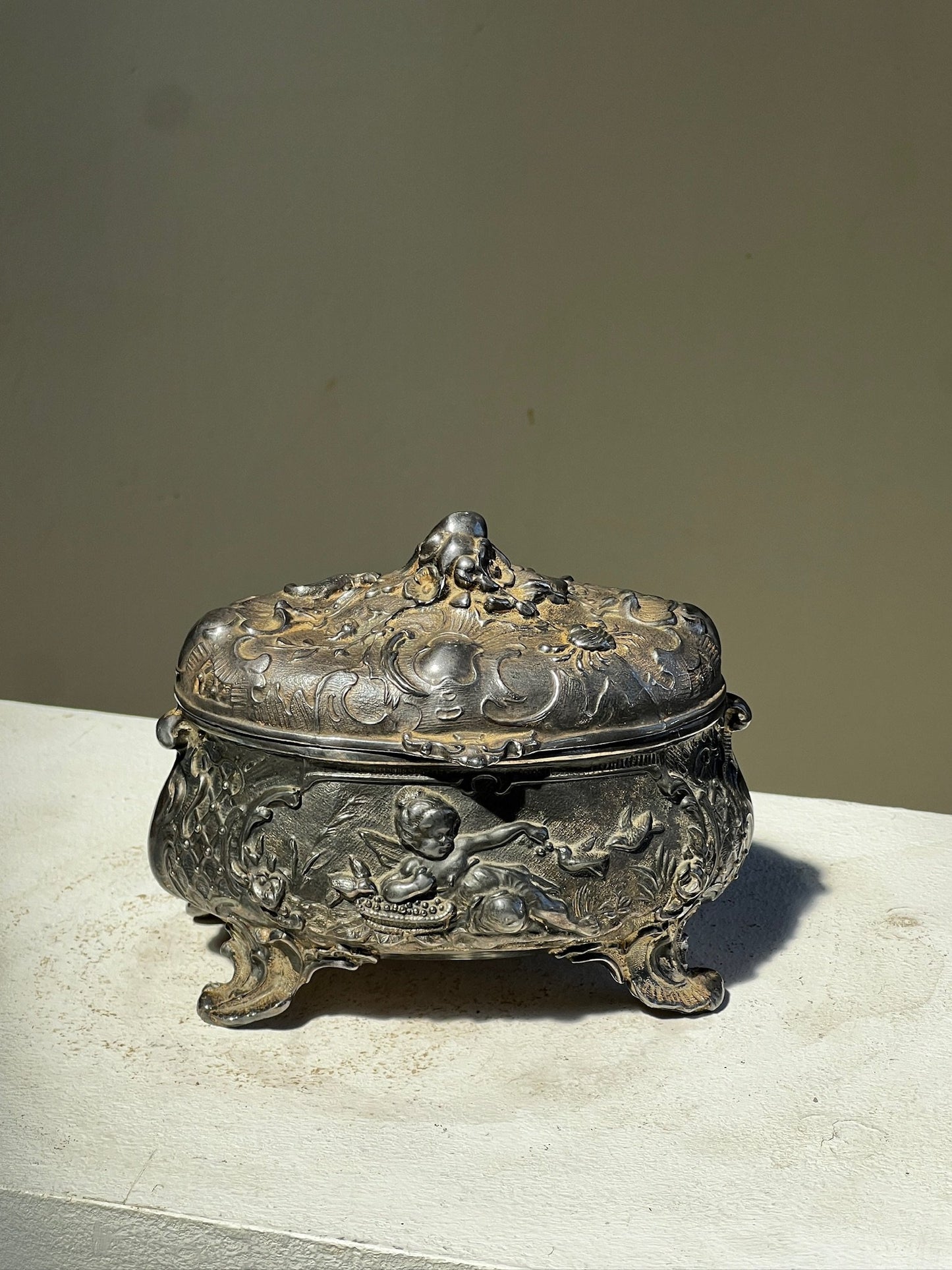 Antique 19th Century French Metal Jewelry Box with Cherub and Birds