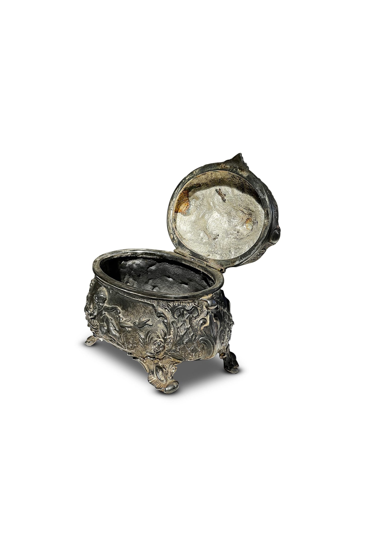 Antique 19th Century French Metal Jewelry Box with Cherub and Birds