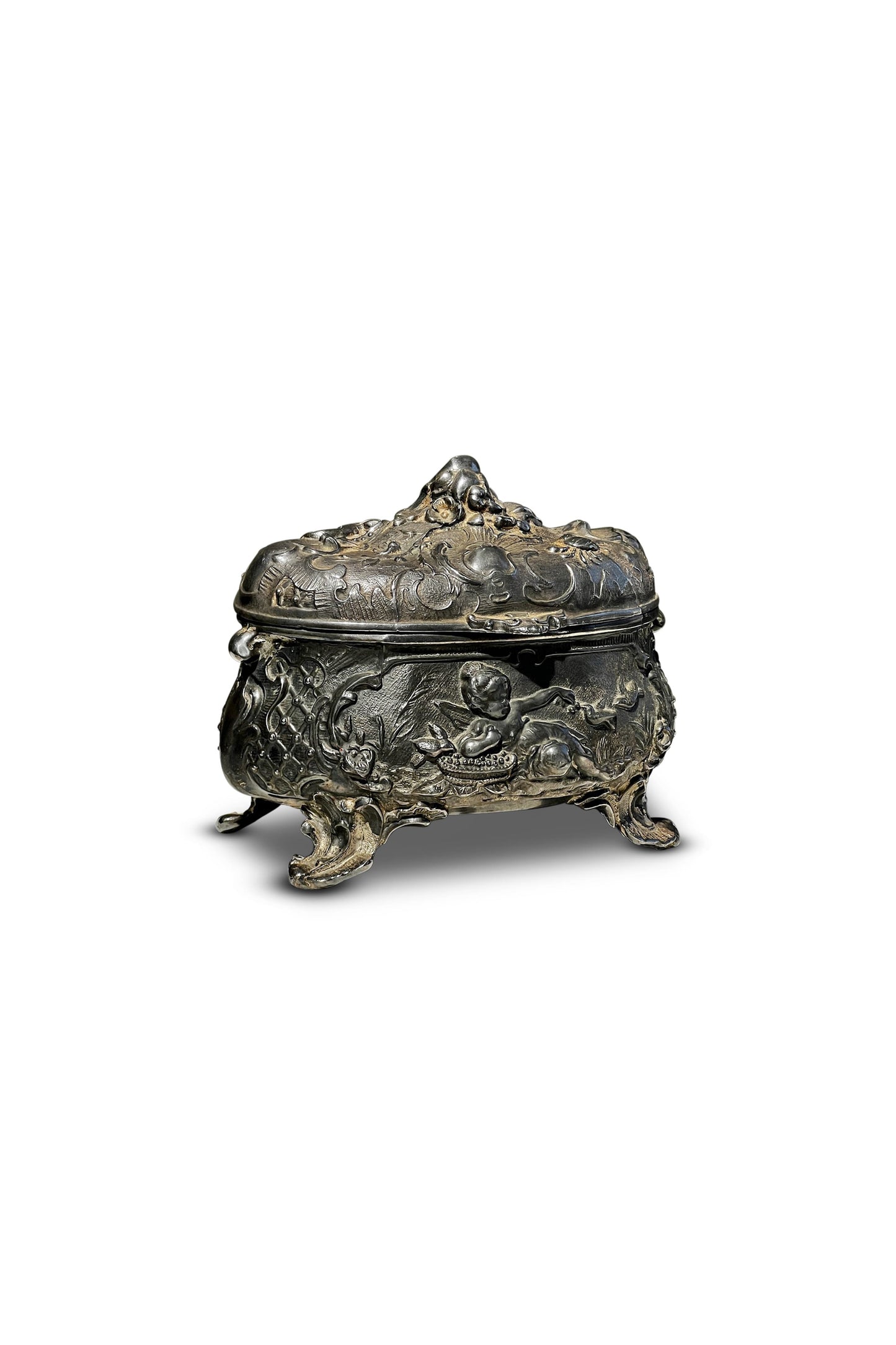 Antique 19th Century French Metal Jewelry Box with Cherub and Birds
