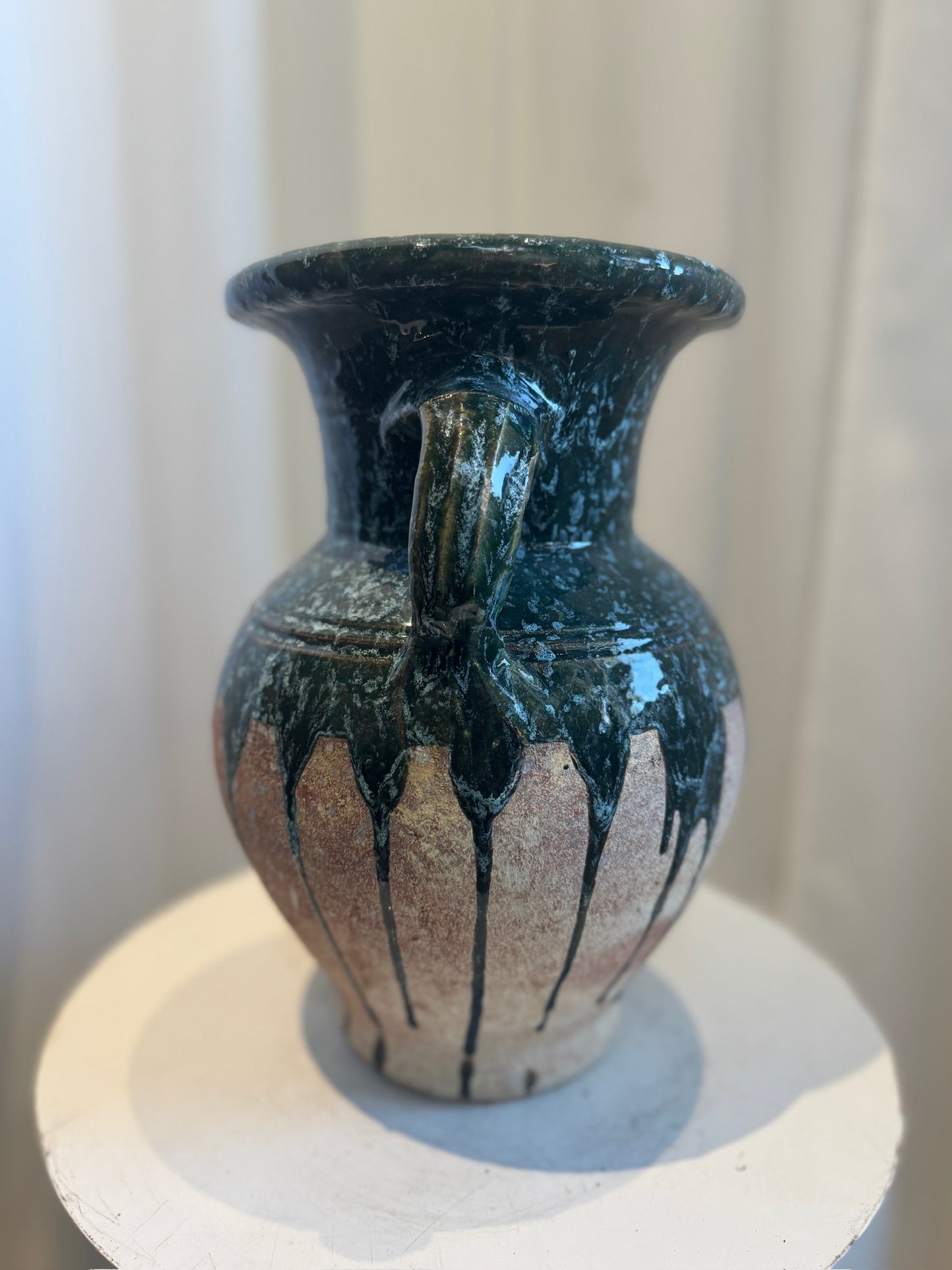Vintage Glazed Terracotta Amphora Vase with Drip Glaze Detailing