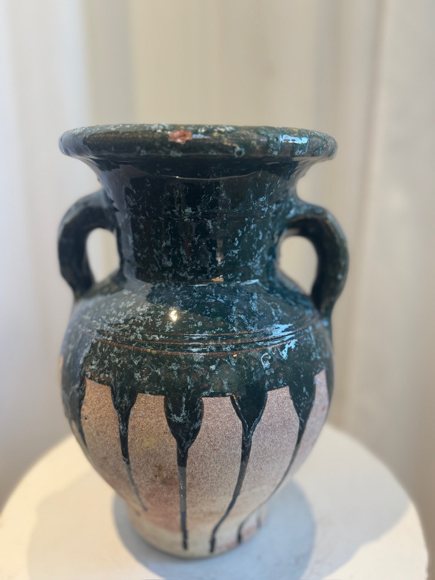 Vintage Glazed Terracotta Amphora Vase with Drip Glaze Detailing