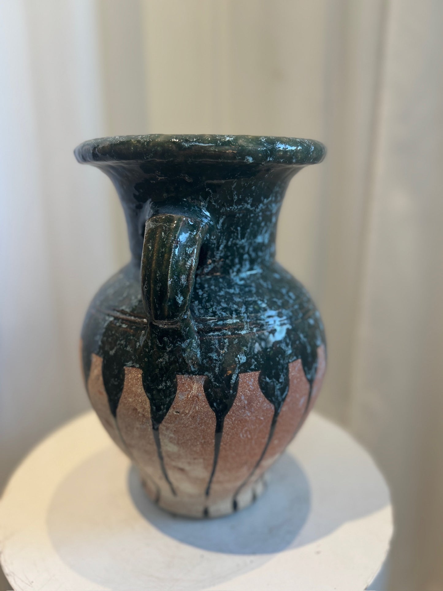 Vintage Glazed Terracotta Amphora Vase with Drip Glaze Detailing