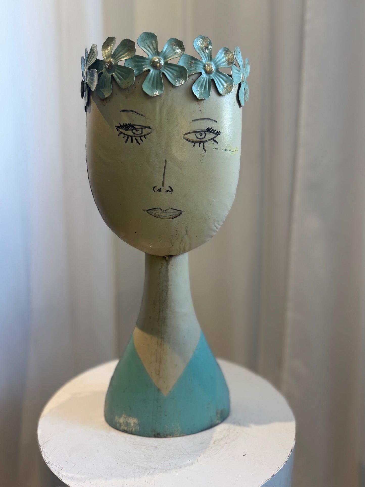 Whimsical Mid-Century Modern Metal Female Bust Planter with Aqua Floral Crown – Hand-Painted Folk Art Sculpture