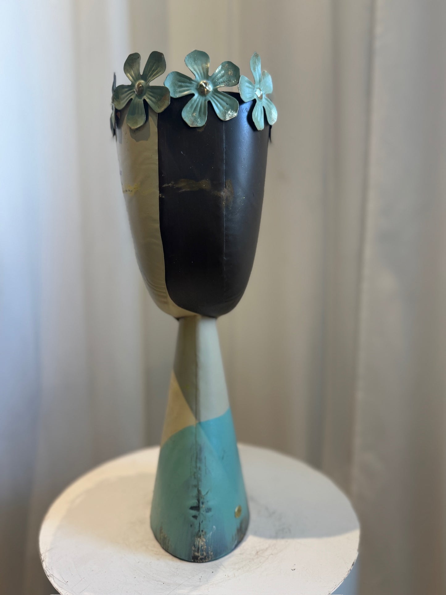 Whimsical Mid-Century Modern Metal Female Bust Planter with Aqua Floral Crown – Hand-Painted Folk Art Sculpture