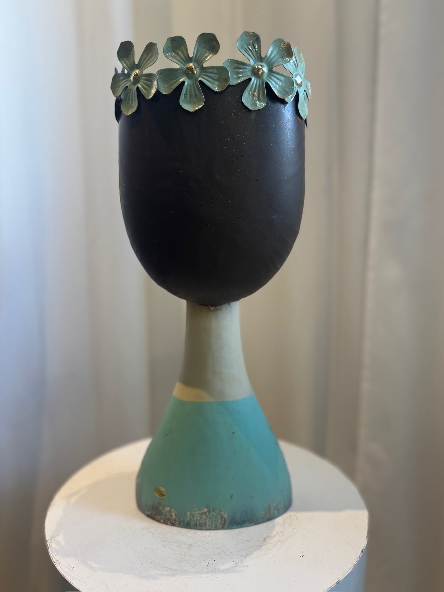 Whimsical Mid-Century Modern Metal Female Bust Planter with Aqua Floral Crown – Hand-Painted Folk Art Sculpture