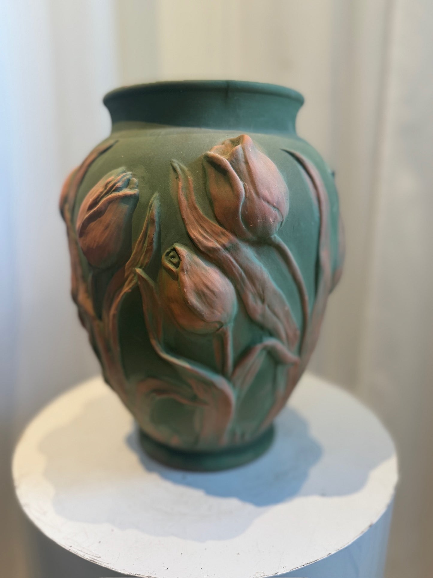 Mid-Century Portuguese Art Pottery Vase with Raised Tulip Relief in Matte Green & Terracotta