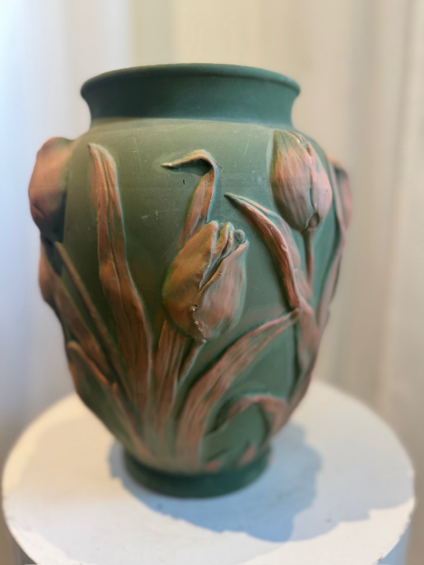 Mid-Century Portuguese Art Pottery Vase with Raised Tulip Relief in Matte Green & Terracotta