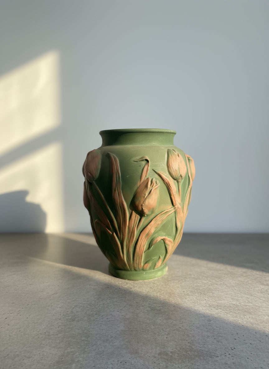 Mid-Century Portuguese Art Pottery Vase with Raised Tulip Relief in Matte Green & Terracotta