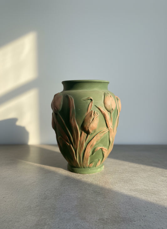 Mid-Century Portuguese Art Pottery Vase with Raised Tulip Relief in Matte Green & Terracotta