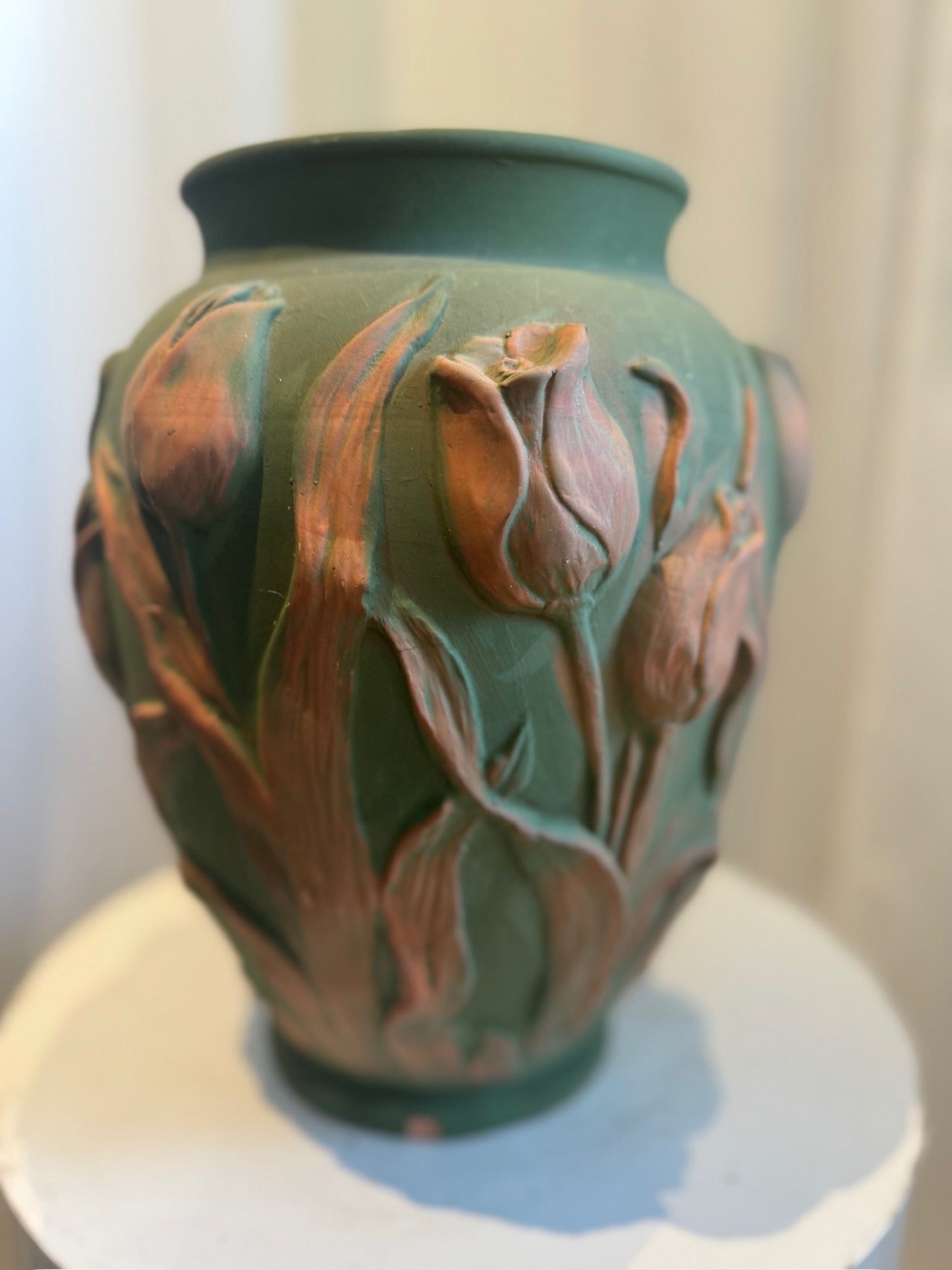 Mid-Century Portuguese Art Pottery Vase with Raised Tulip Relief in Matte Green & Terracotta