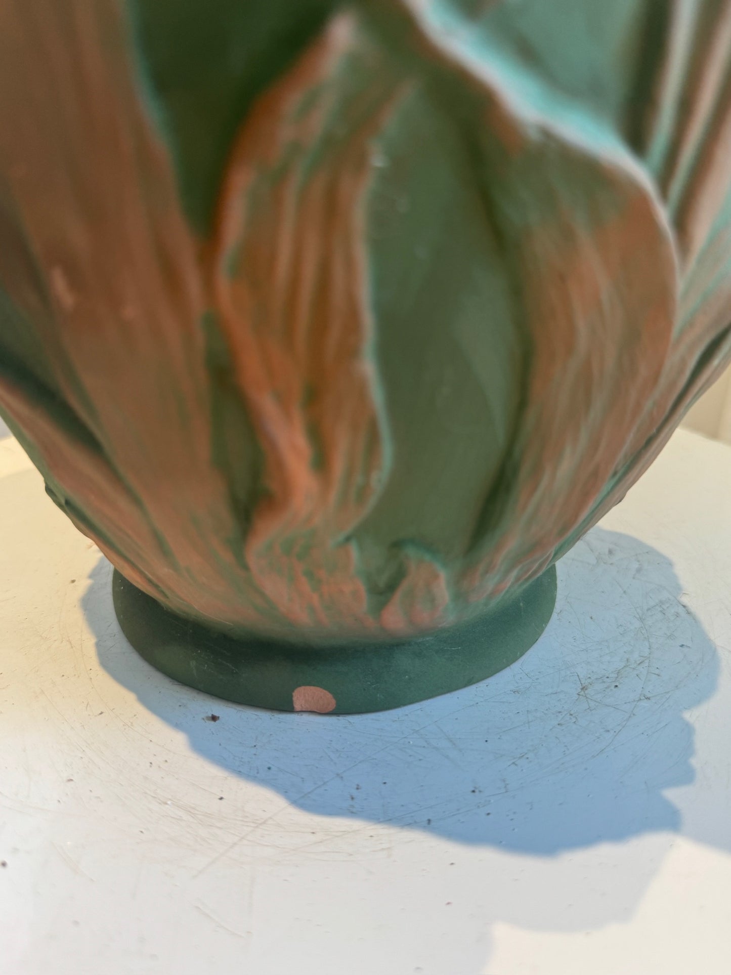 Mid-Century Portuguese Art Pottery Vase with Raised Tulip Relief in Matte Green & Terracotta