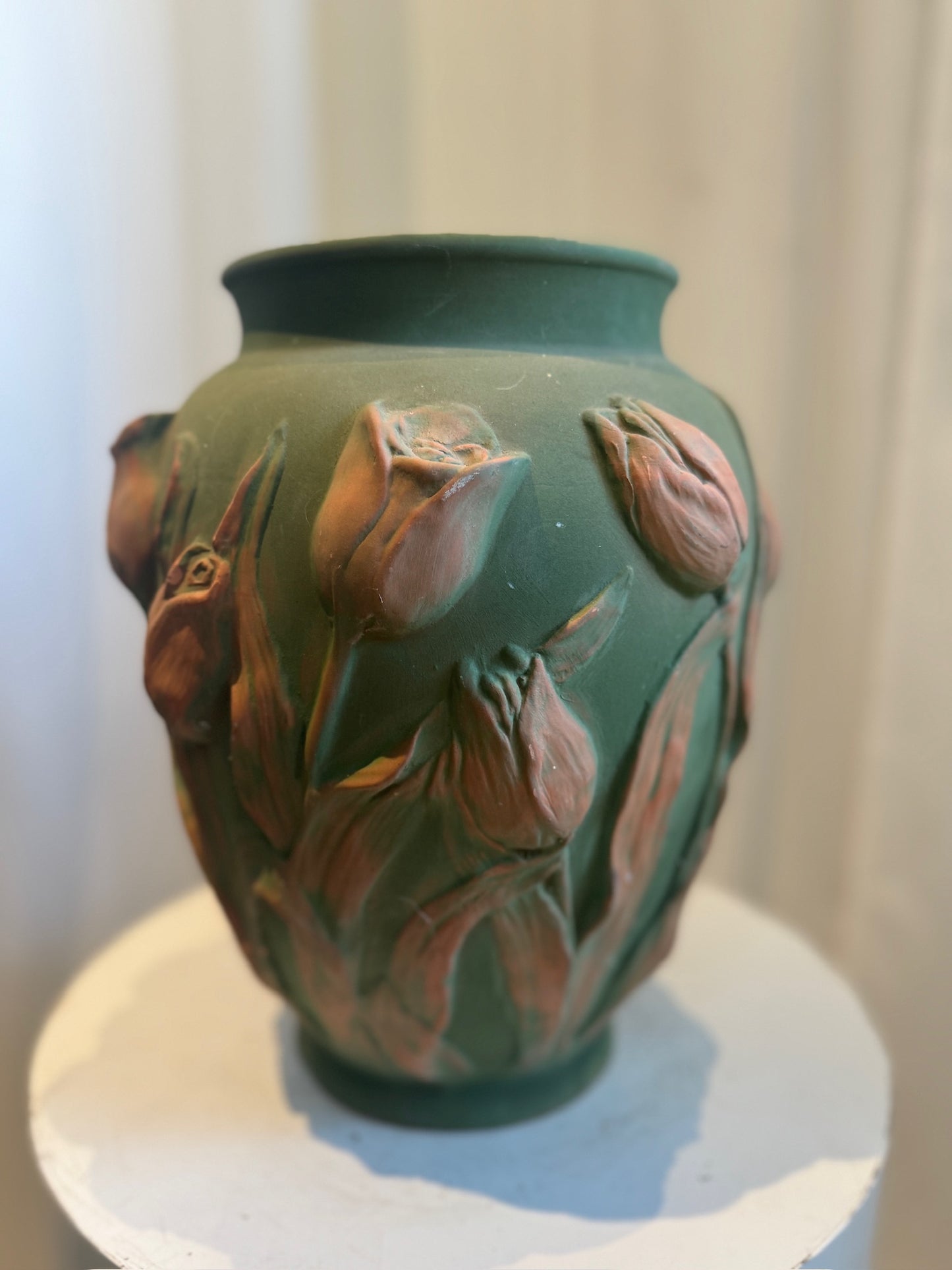 Mid-Century Portuguese Art Pottery Vase with Raised Tulip Relief in Matte Green & Terracotta
