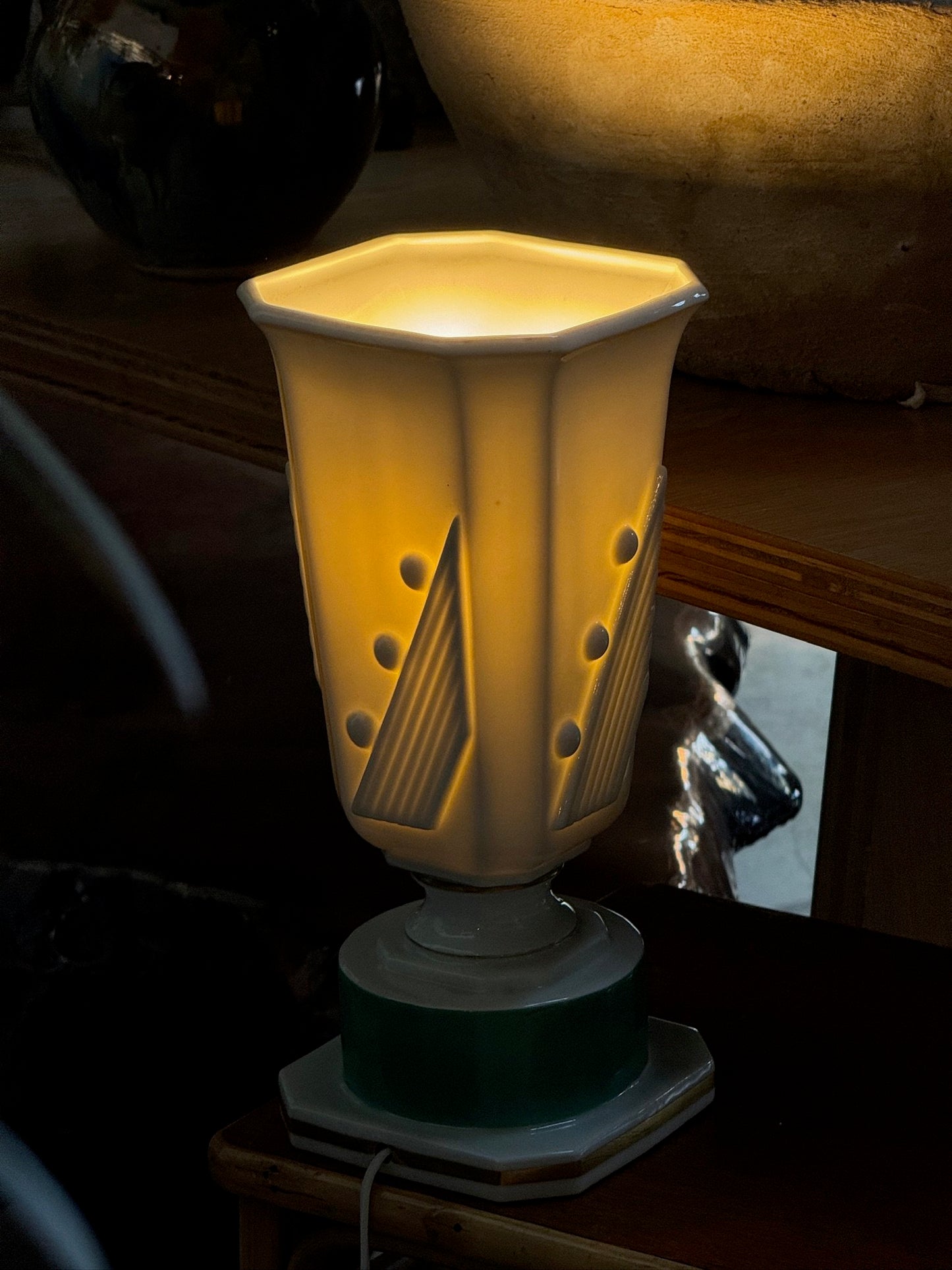 Vintage Art Deco Green and White Ceramic Lamp