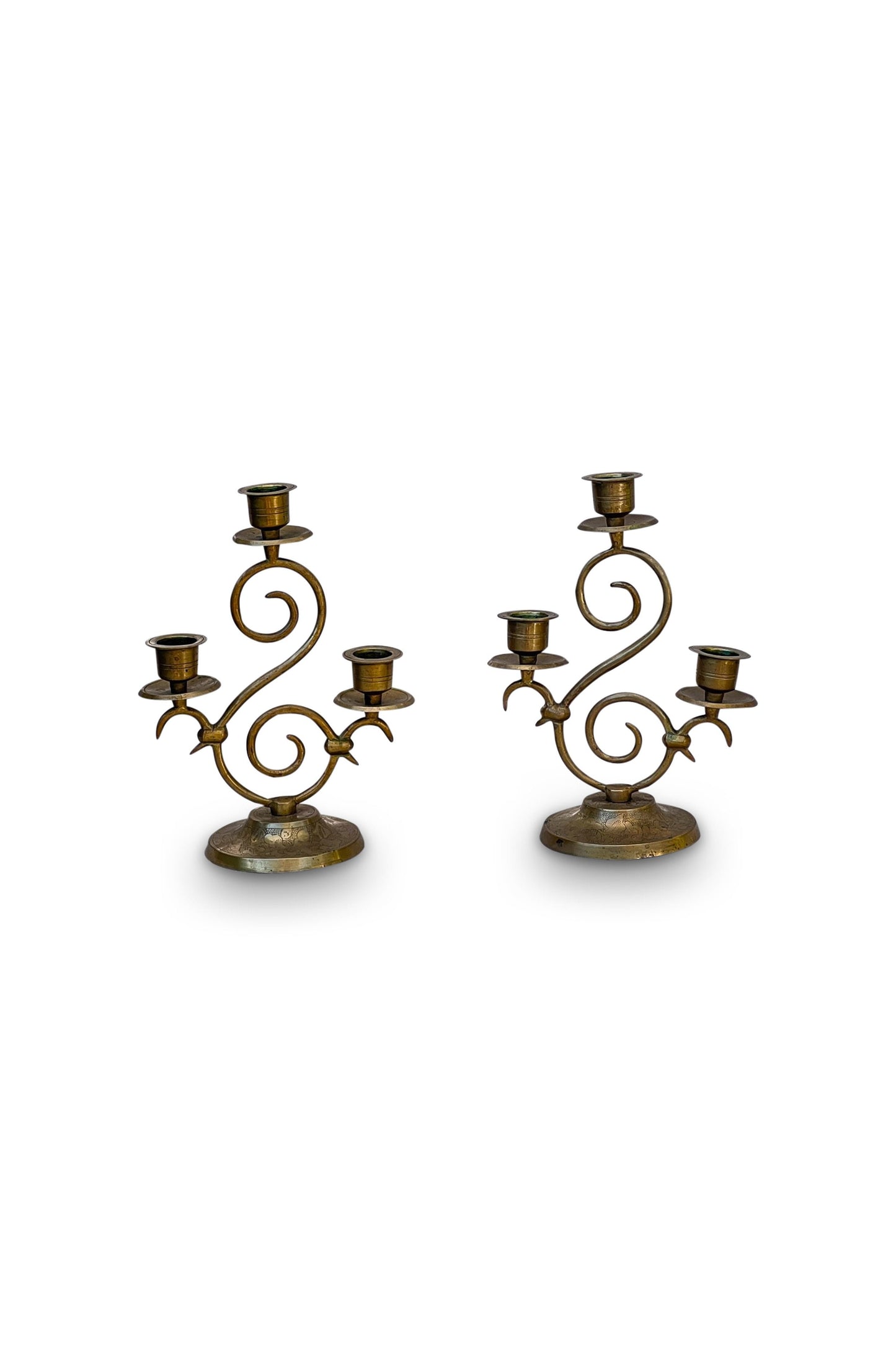 Vintage Etched Brass Candelabra Pair