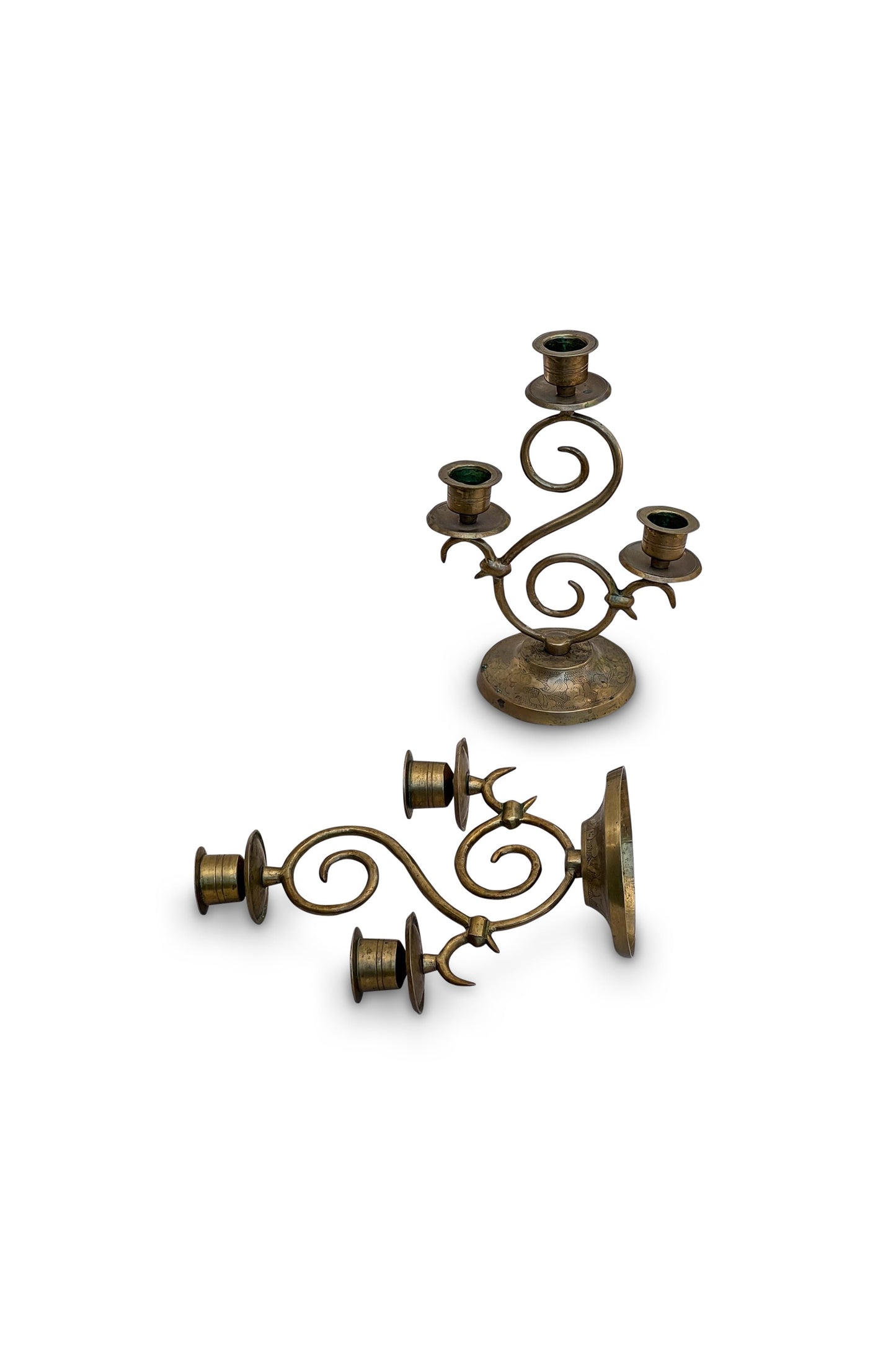 Vintage Etched Brass Candelabra Pair