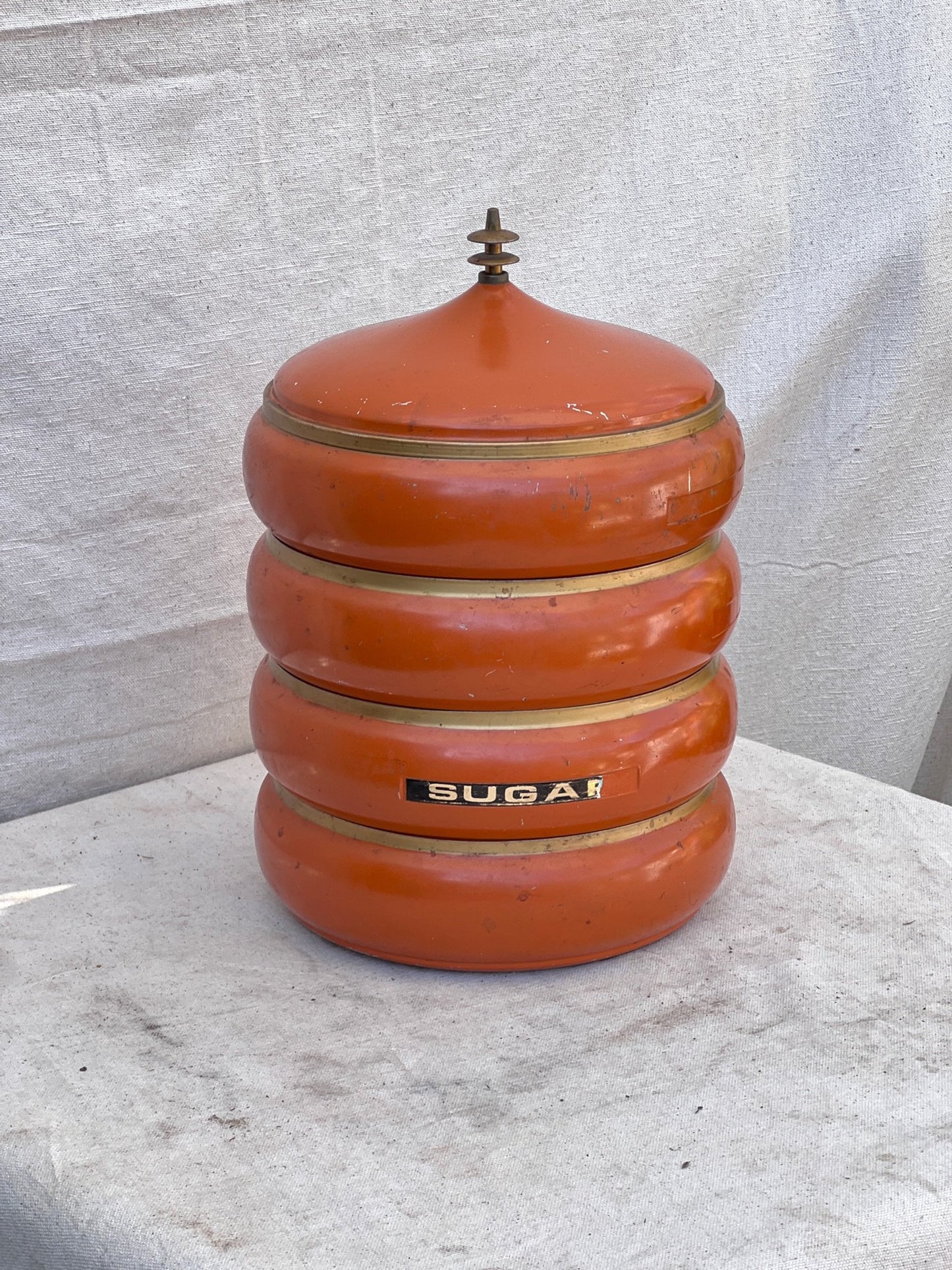 Vintage 1960s Mid-Century Orange Metal Canister Set