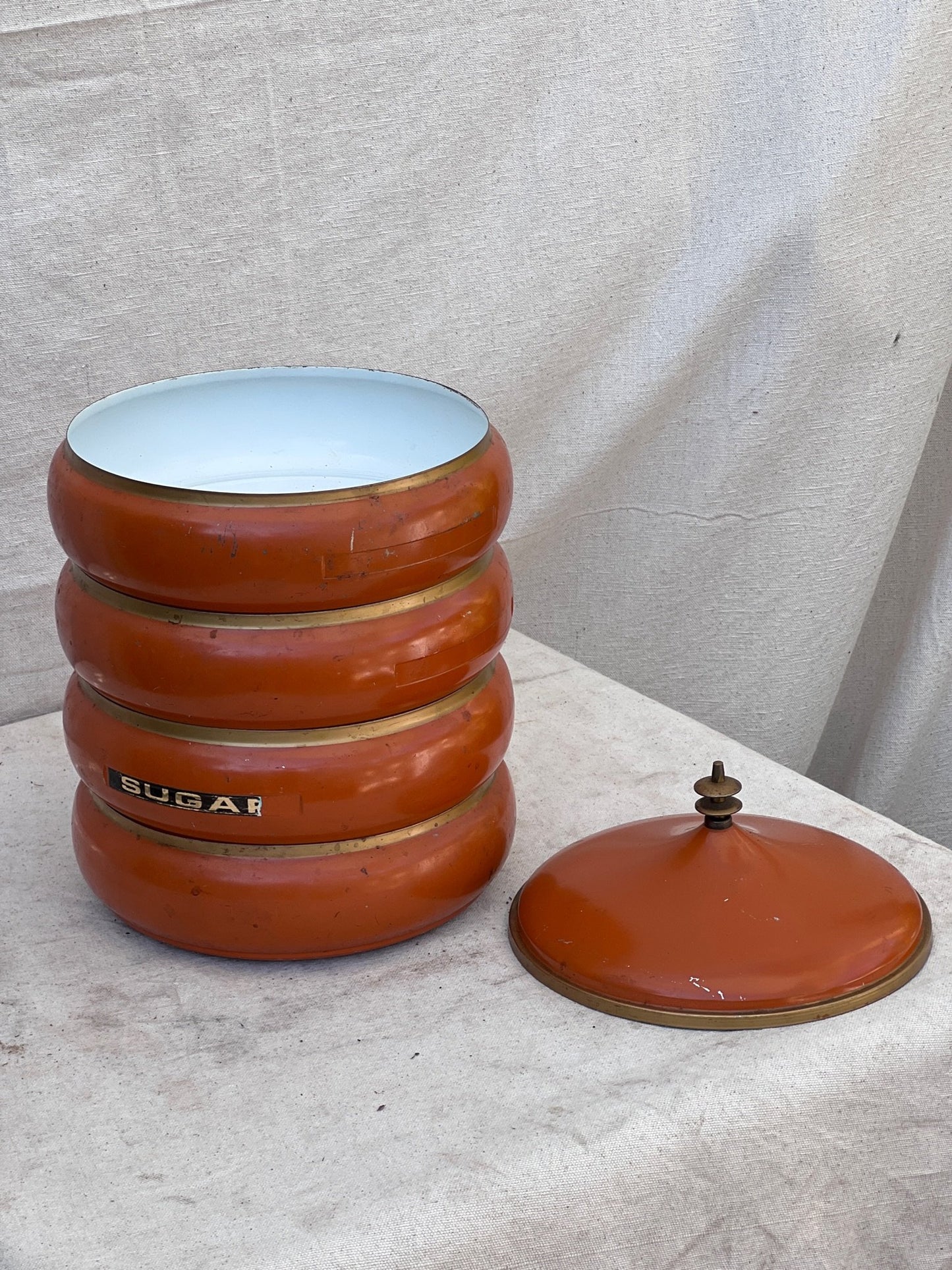 Vintage 1960s Mid-Century Orange Metal Canister Set