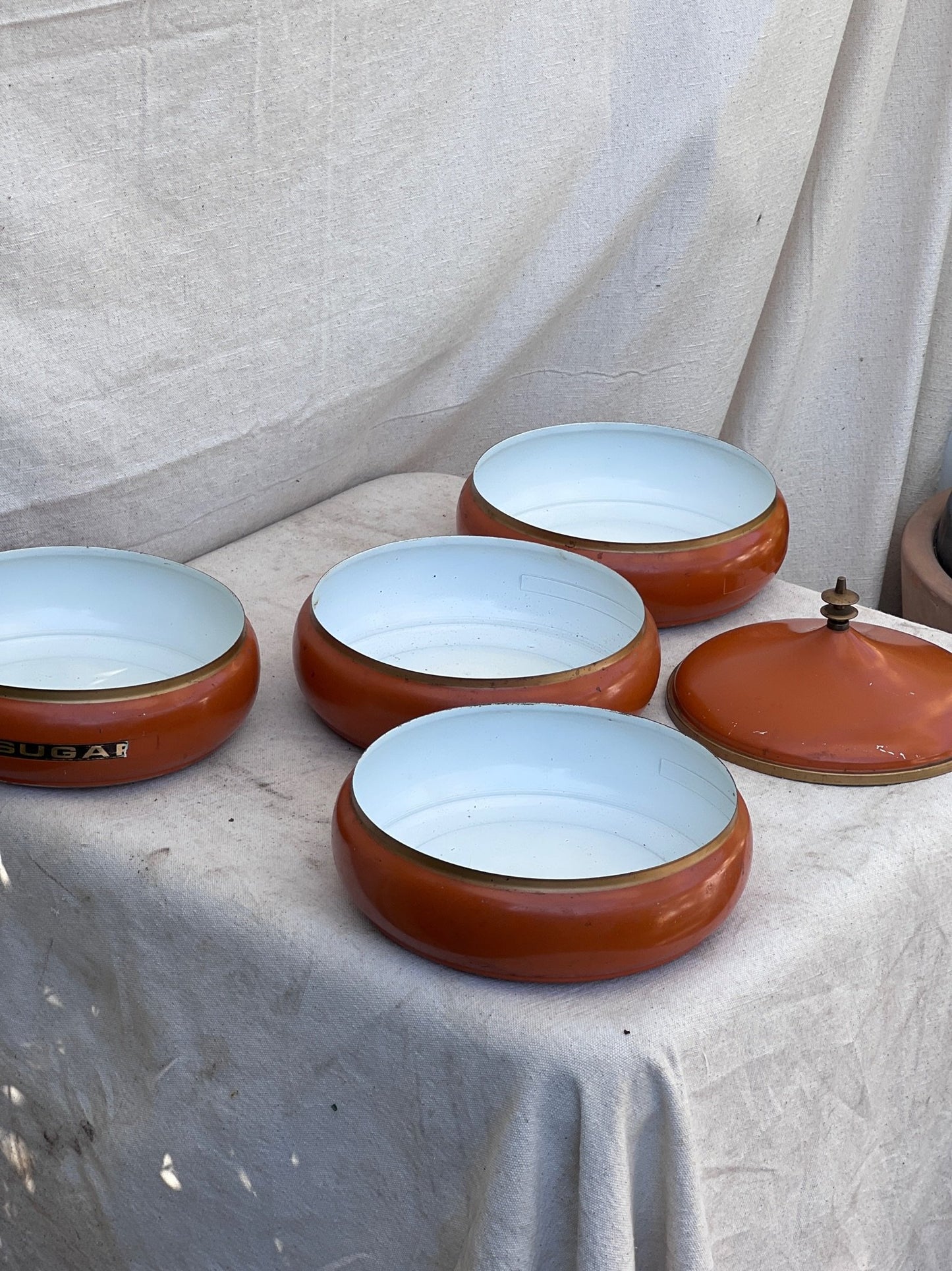 Vintage 1960s Mid-Century Orange Metal Canister Set