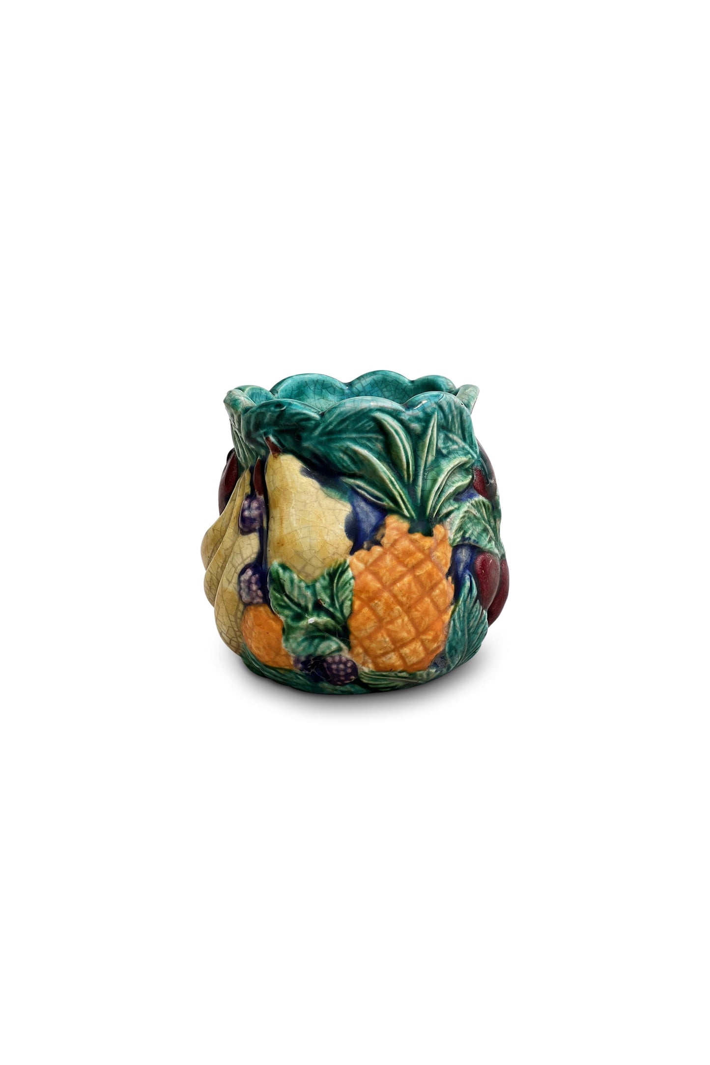 1990s Vibrant Glazed and Painted Ceramic Fruit Jar Vase (Signed)