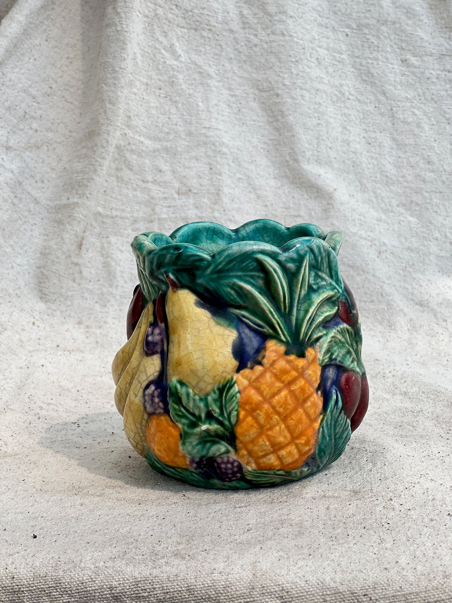 1990s Vibrant Glazed and Painted Ceramic Fruit Jar Vase (Signed)