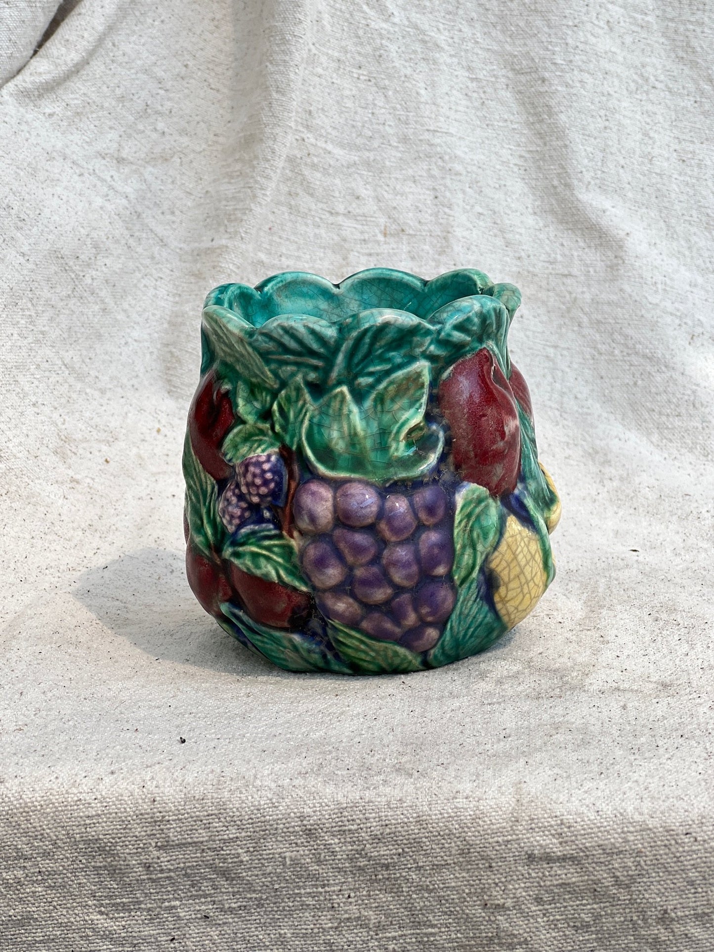 1990s Vibrant Glazed and Painted Ceramic Fruit Jar Vase (Signed)